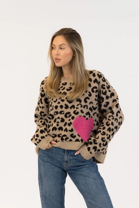 Active Apparel JESSIE LEOPARD PRINT SWEATER WITH HEART