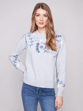 Rural road Embroidered Crew Neck Sweater - Heather Grey