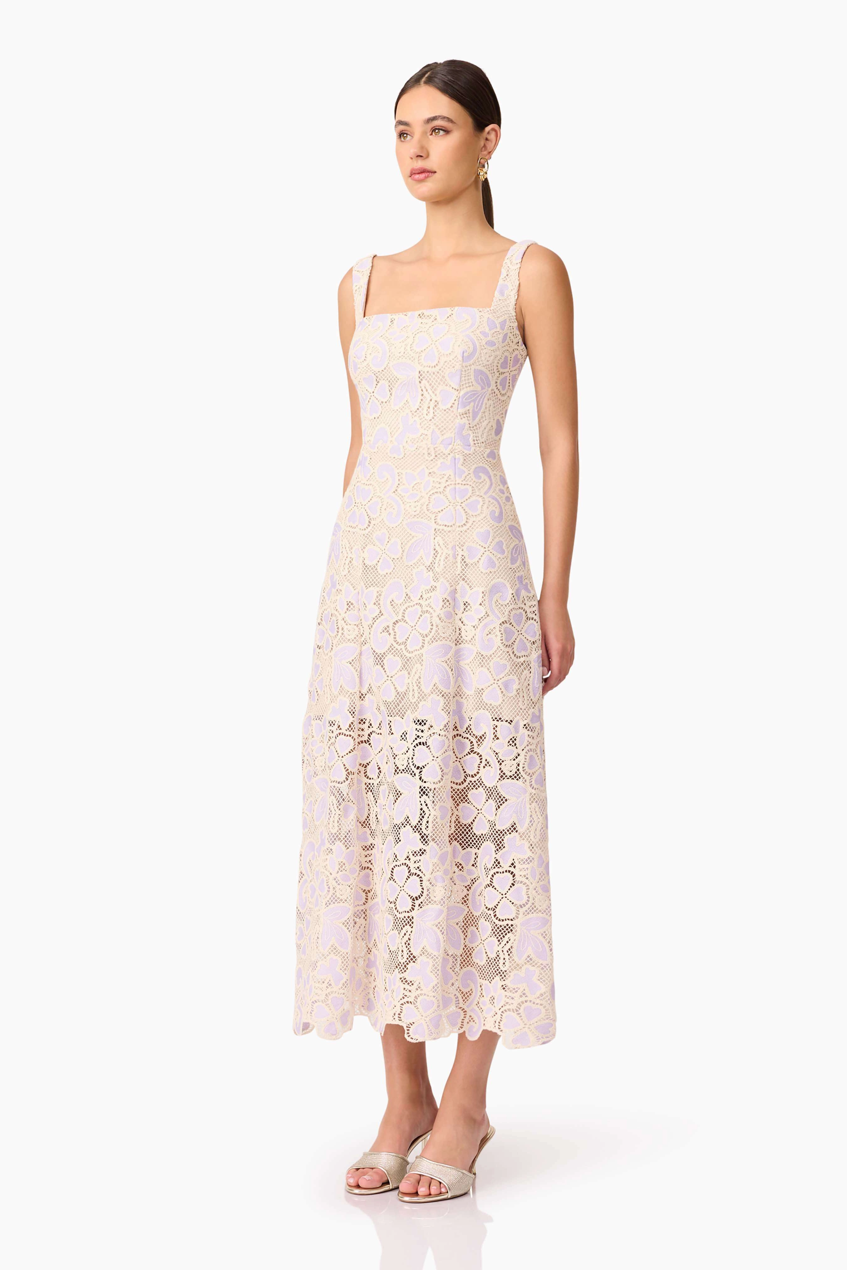 Breathable Style Jasmine A-Line Midi Dress in Purple & Beige