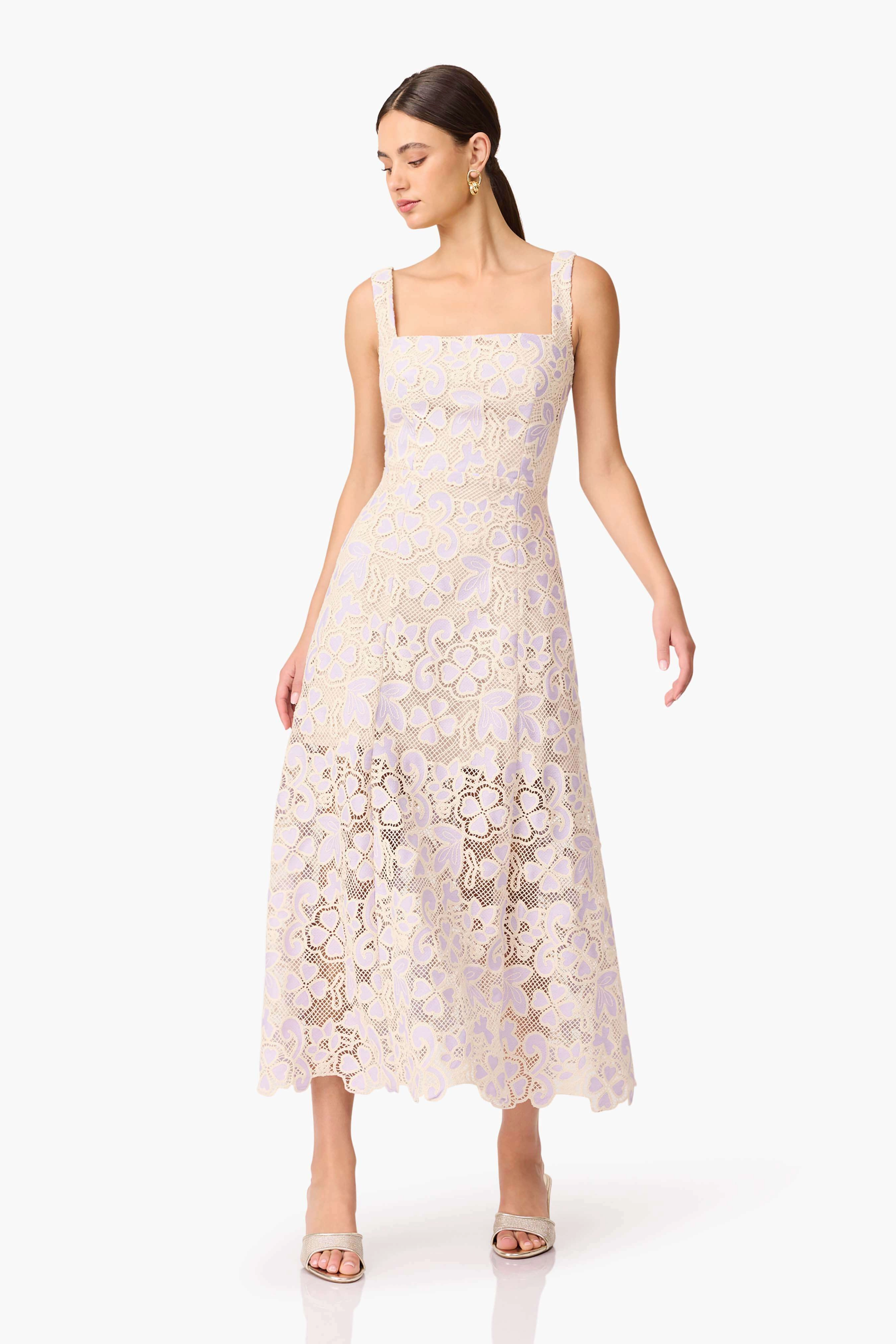 Jasmine A-Line Midi Dress in Purple & Beige Wardrobe-Staple Work Vibe