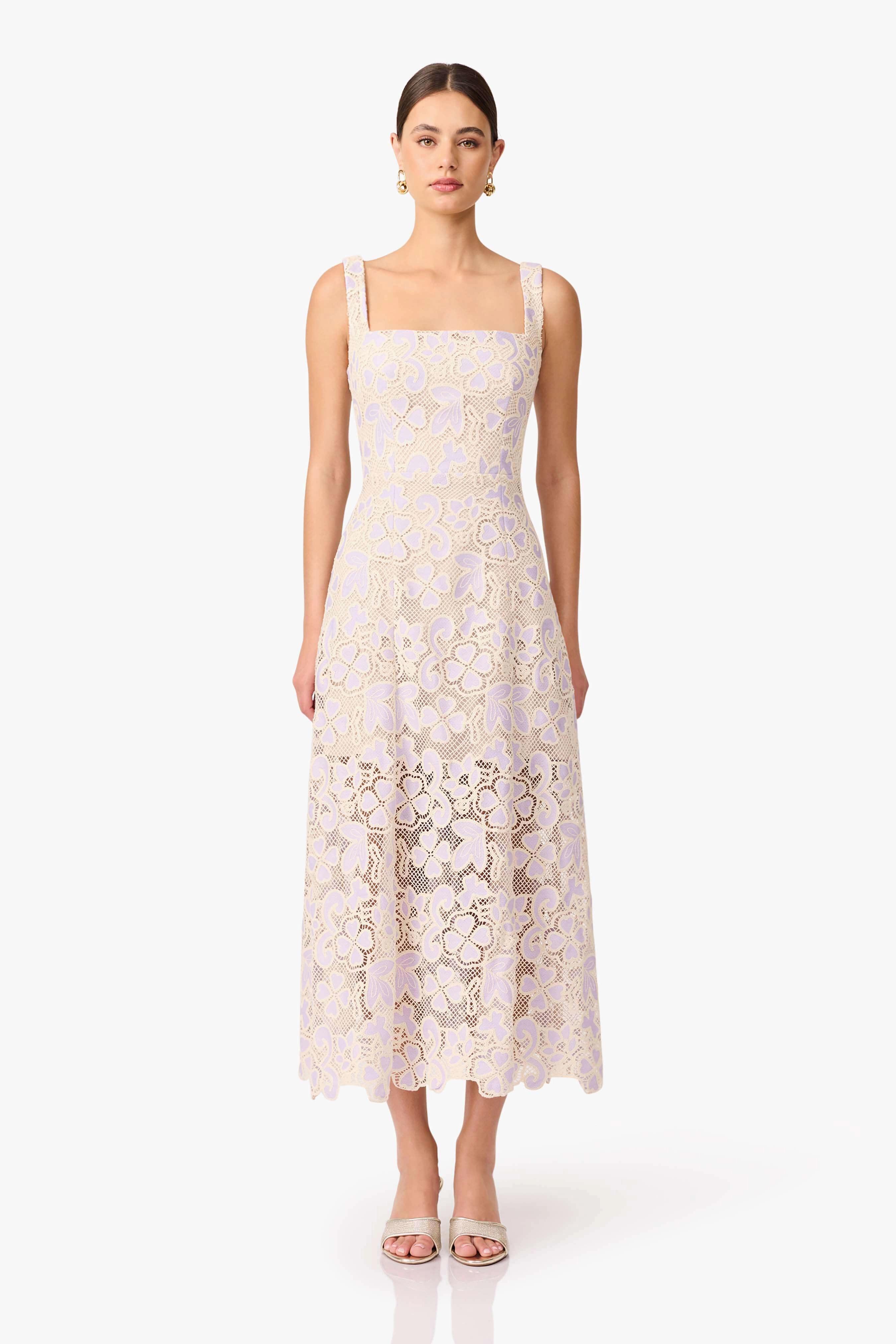 Soft Balance Jasmine A-Line Midi Dress in Purple & Beige