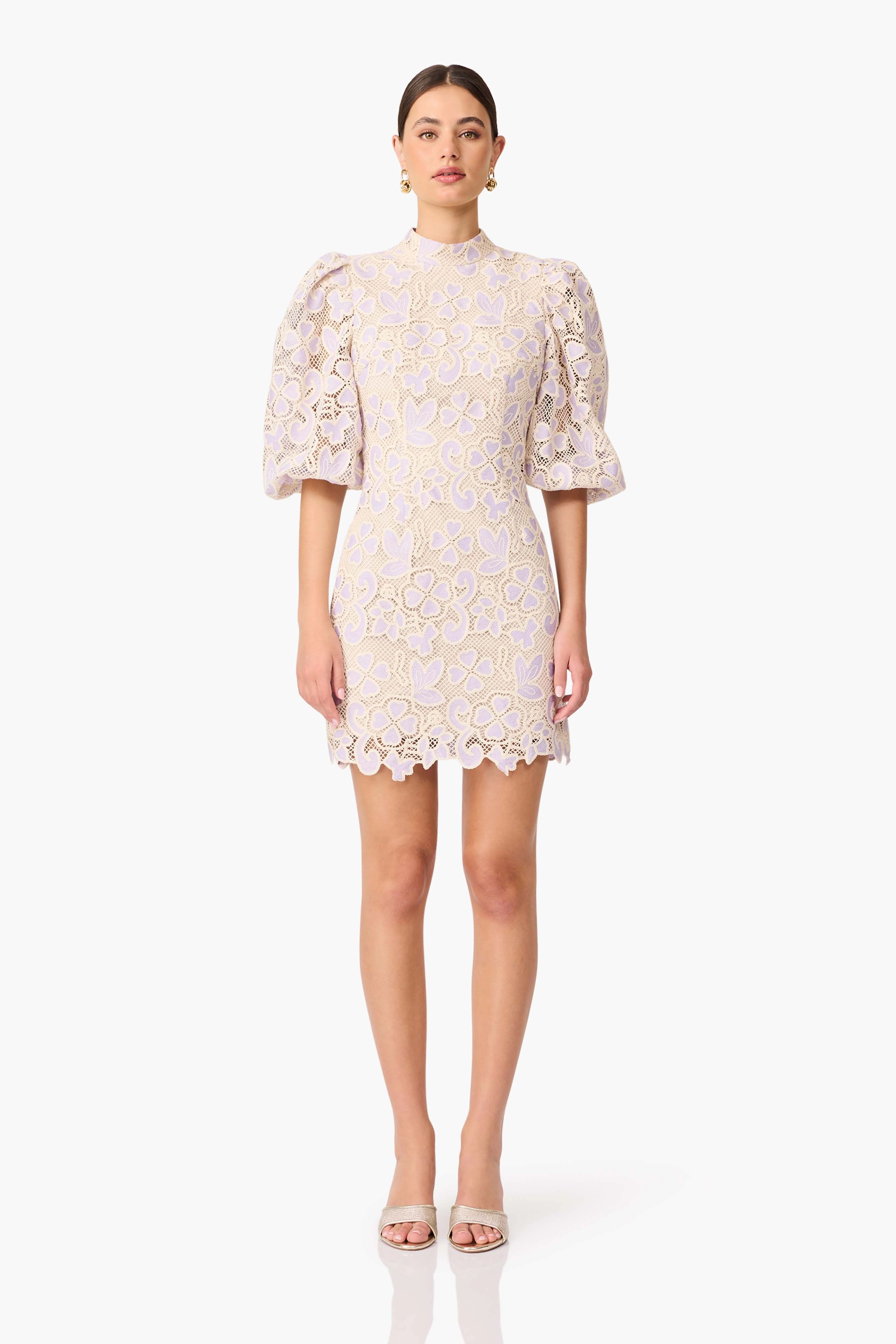 Jasmine Puff Sleeve Mini Dress in Purple & Beige Light Outfit Casual Chic Wear