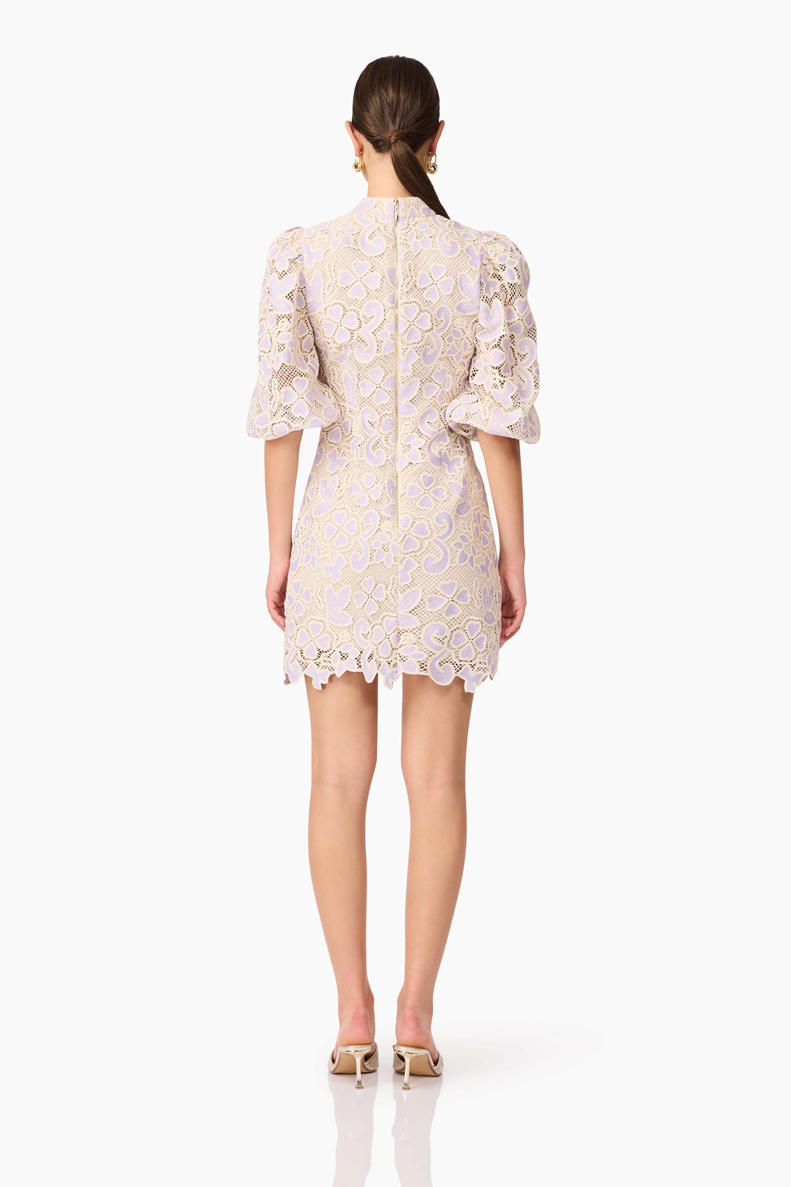 Jasmine Puff Sleeve Mini Dress in Purple & Beige Chic Mom