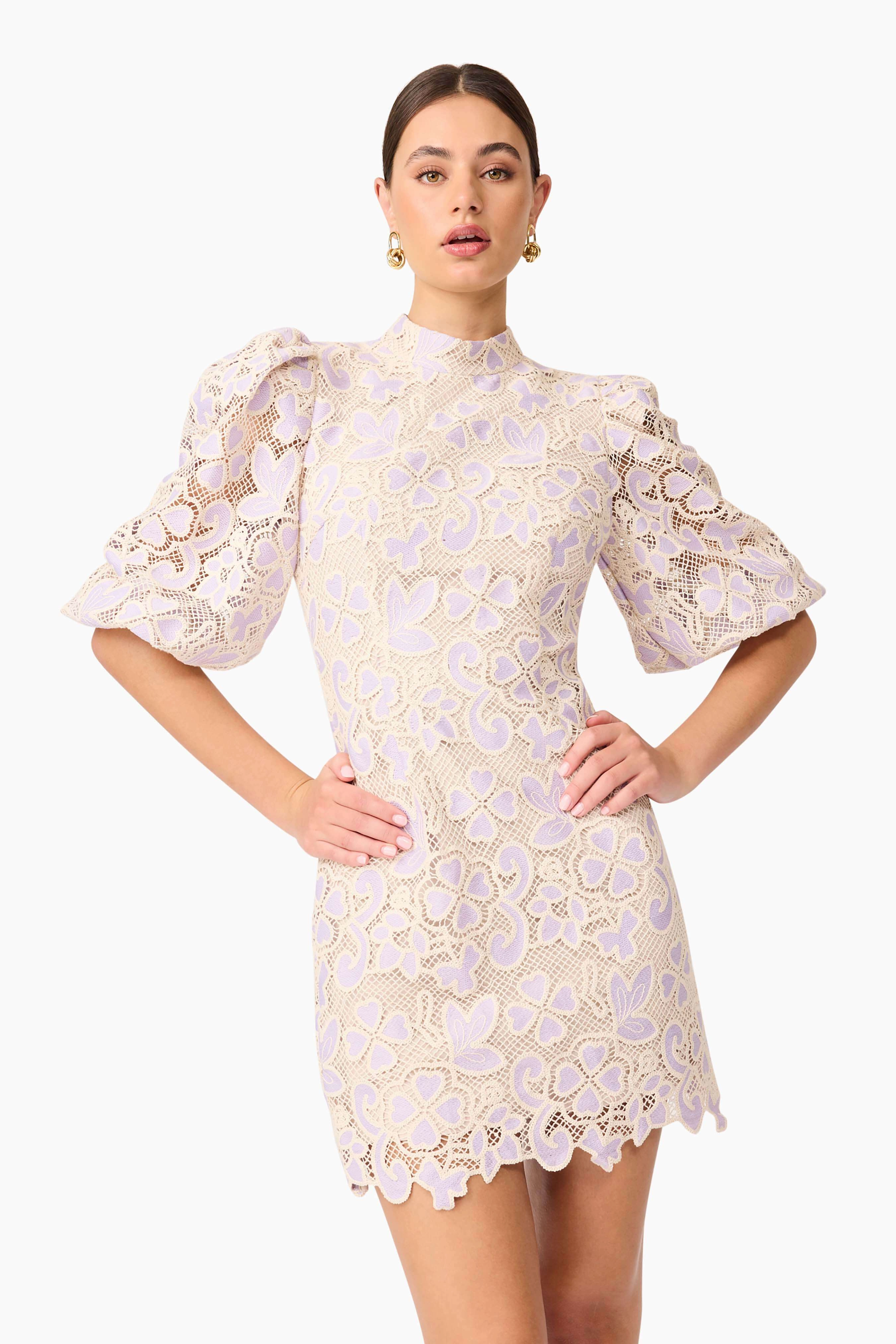Timeless Shape Semi Sheer Jasmine Puff Sleeve Mini Dress in Purple & Beige