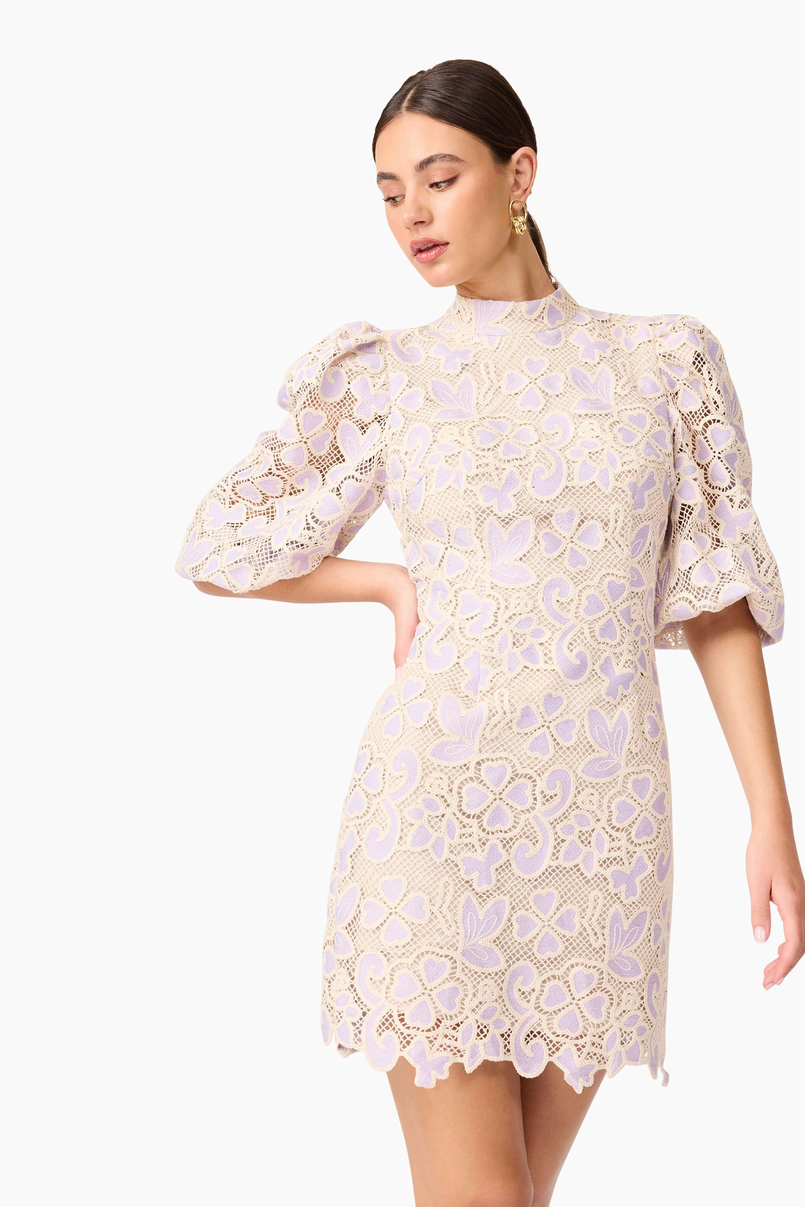 Modern Staple Jasmine Puff Sleeve Mini Dress in Purple & Beige