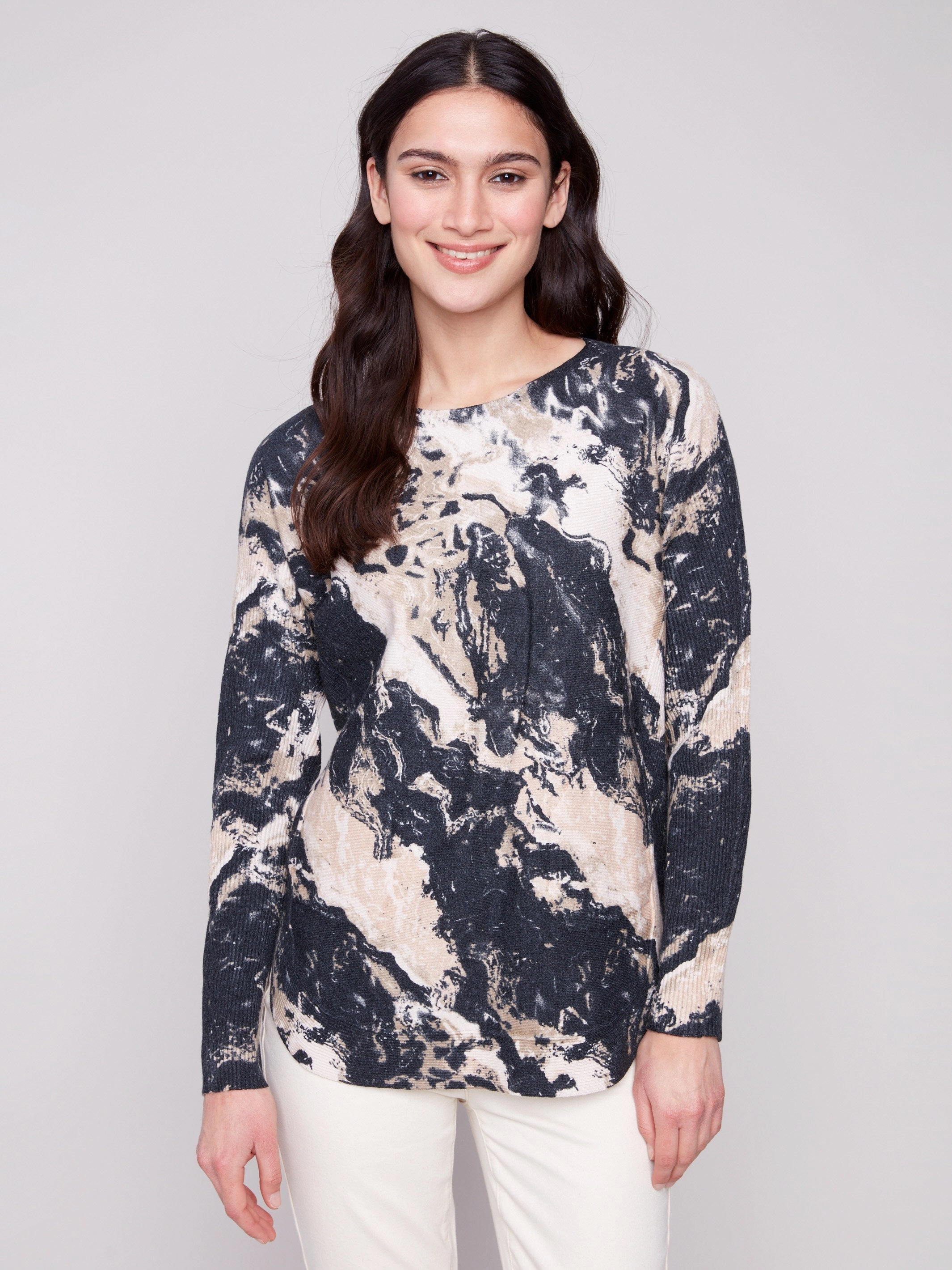 Printed Rounded Hem Sweater - Granite Warmth Retention