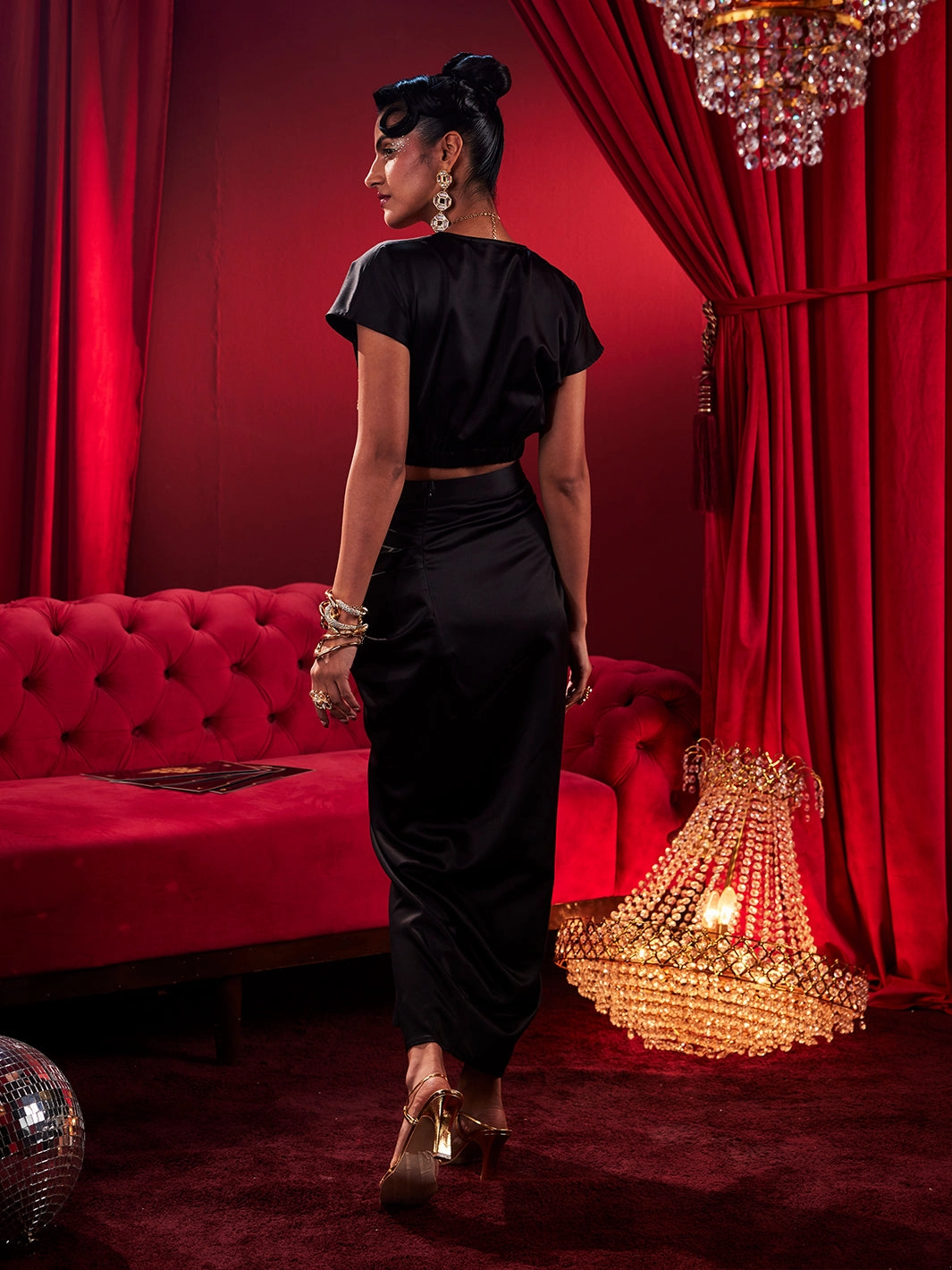 Golden Hearts Black Draped Skirt Mixed Fabric Weekend Style