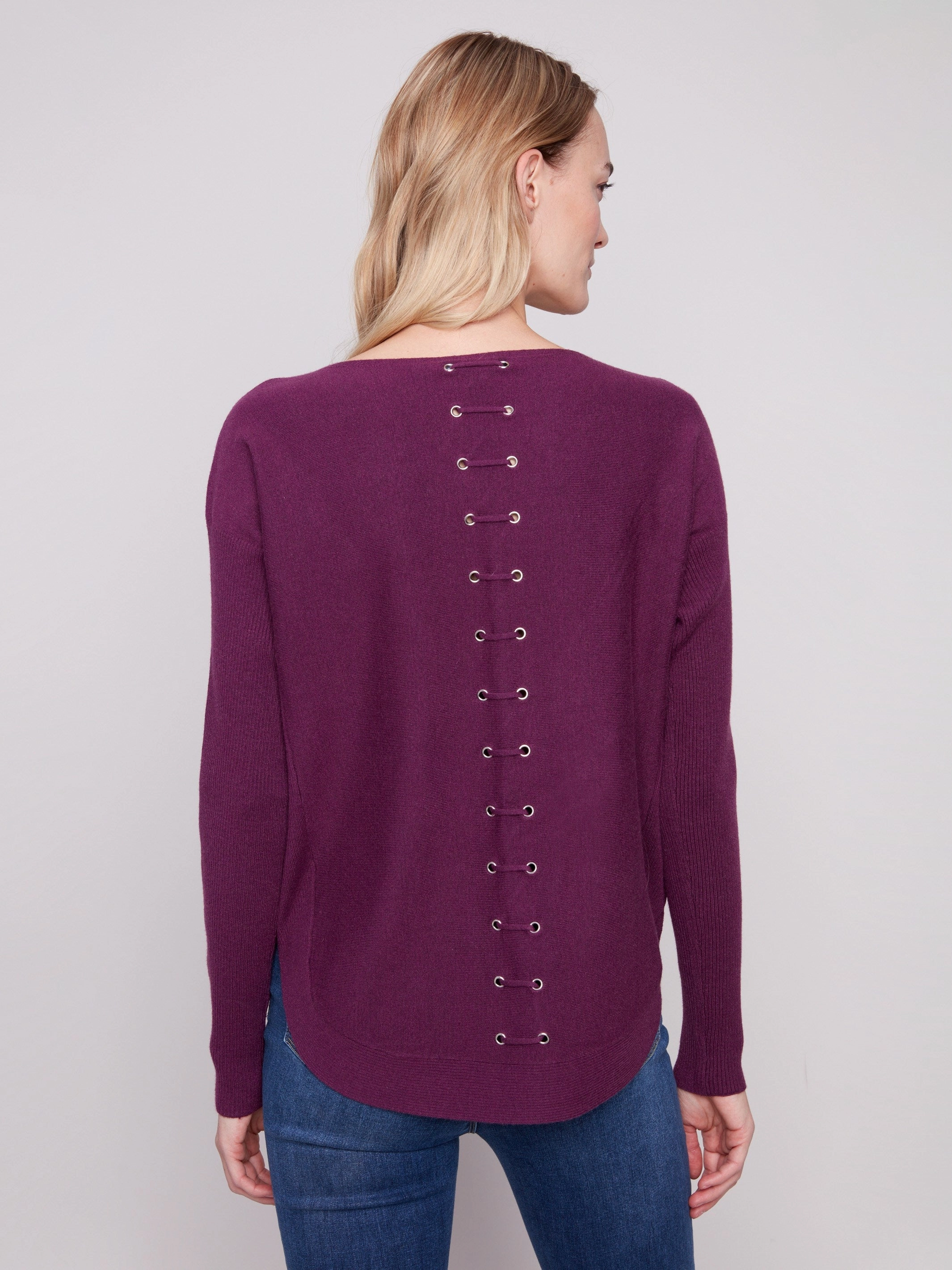 lined Knit Sweater With Back Lace-Up Detail - Berry