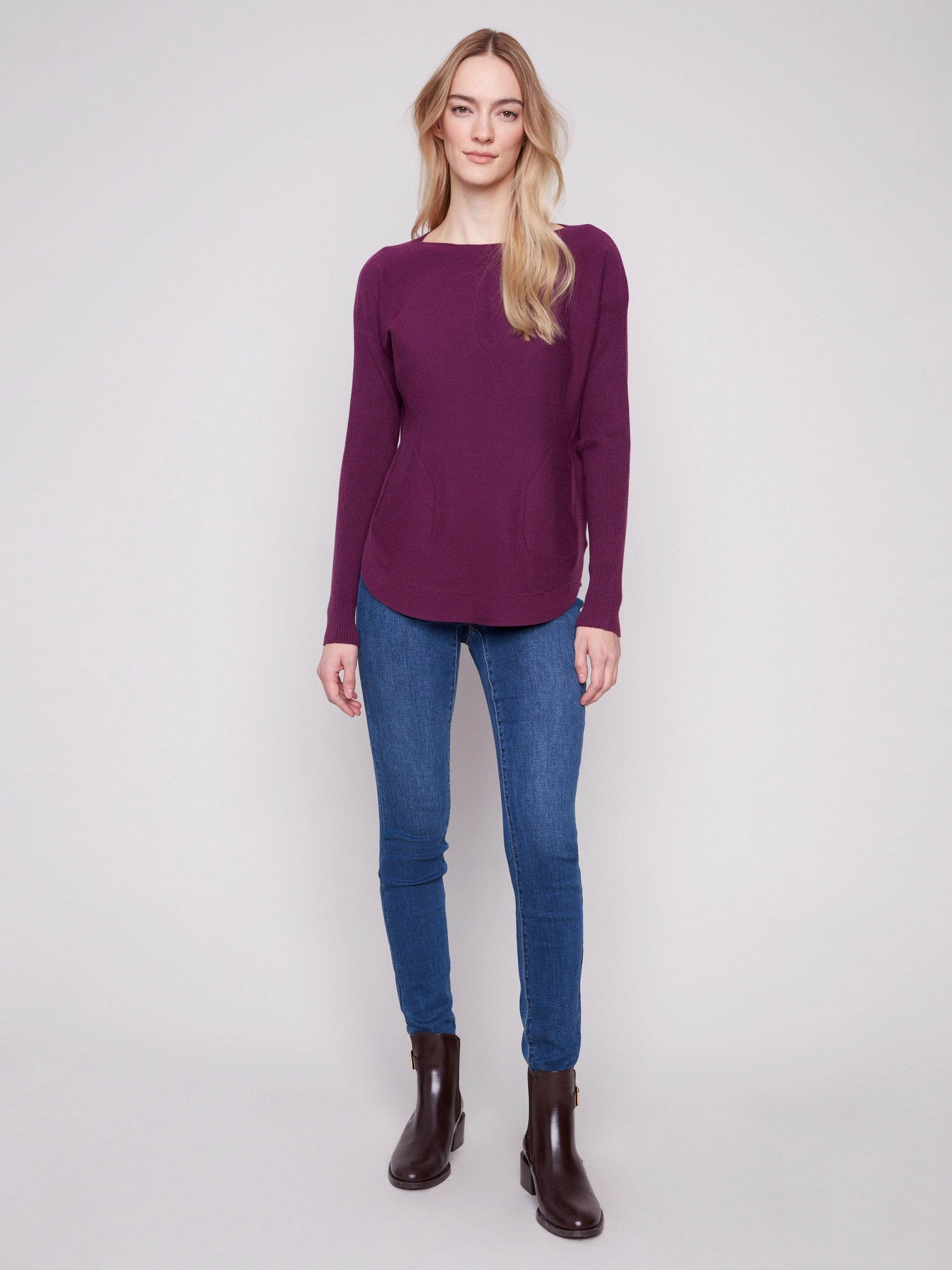 Stretch Enhanced Collar Socks Knit Sweater With Back Lace-Up Detail - Berry
