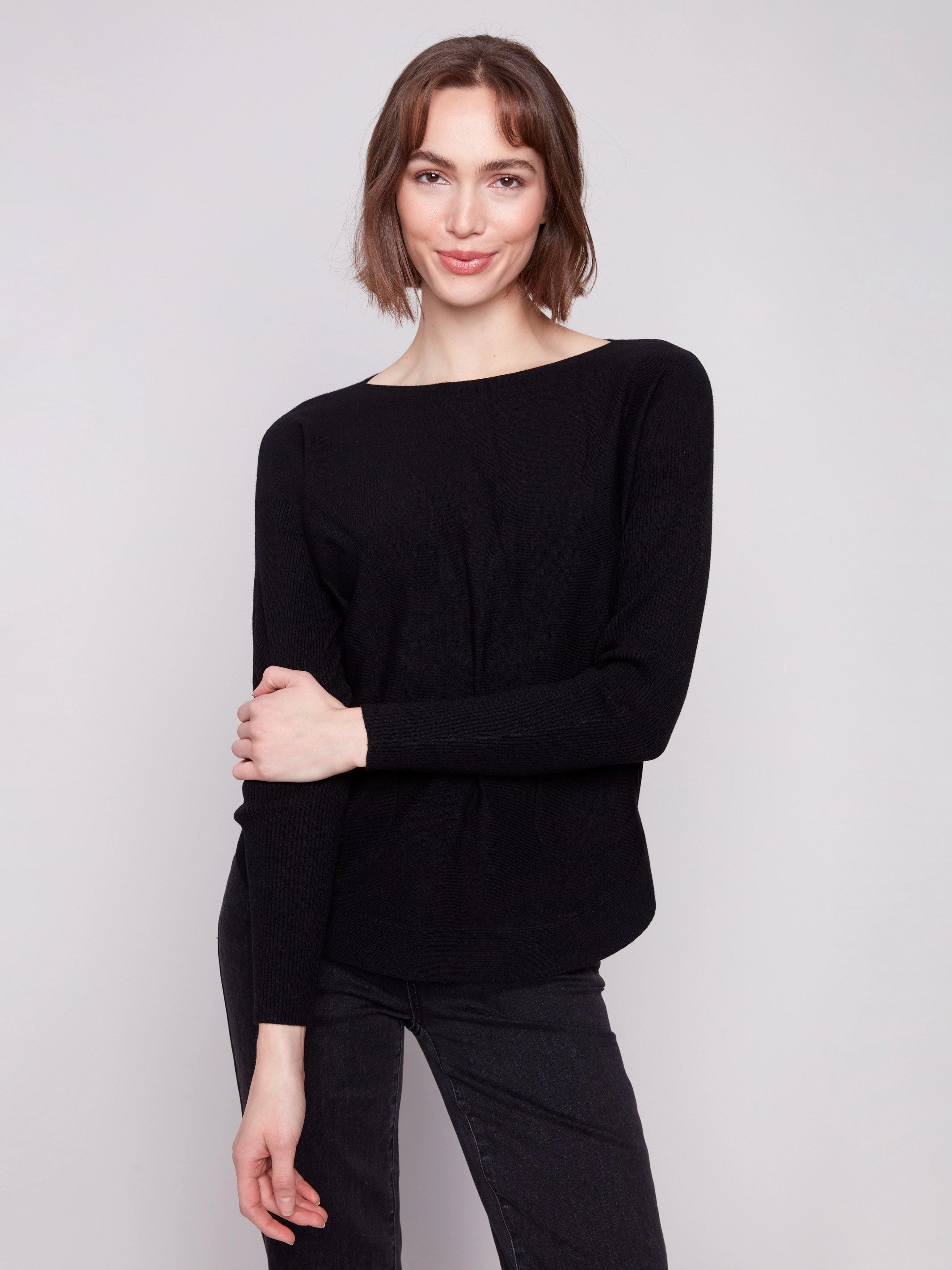 Knit Sweater With Back Lace-Up Detail - Black Tablecloth