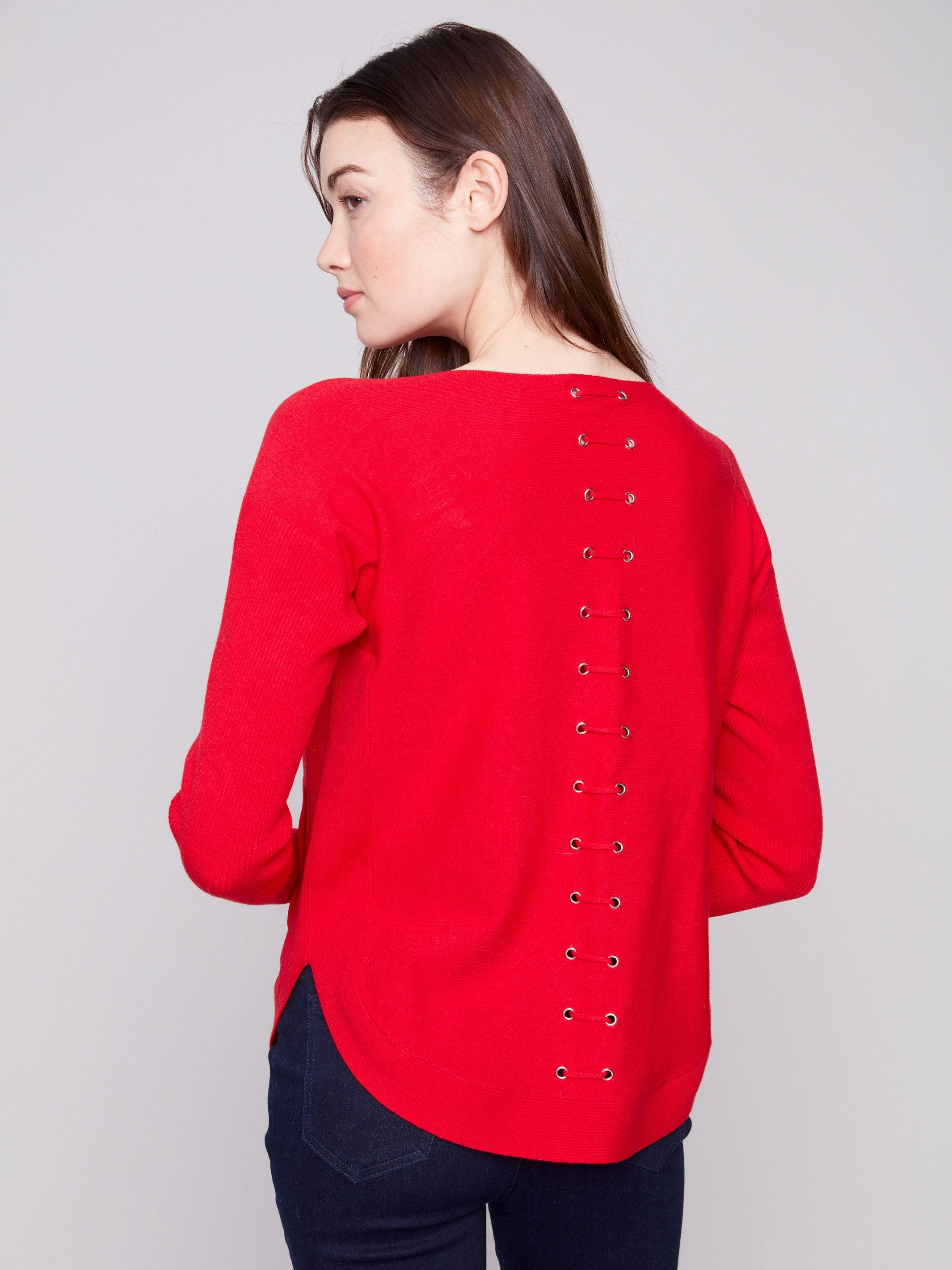 Dry - Cleanable Knit Sweater With Back Lace-Up Detail - Crimson