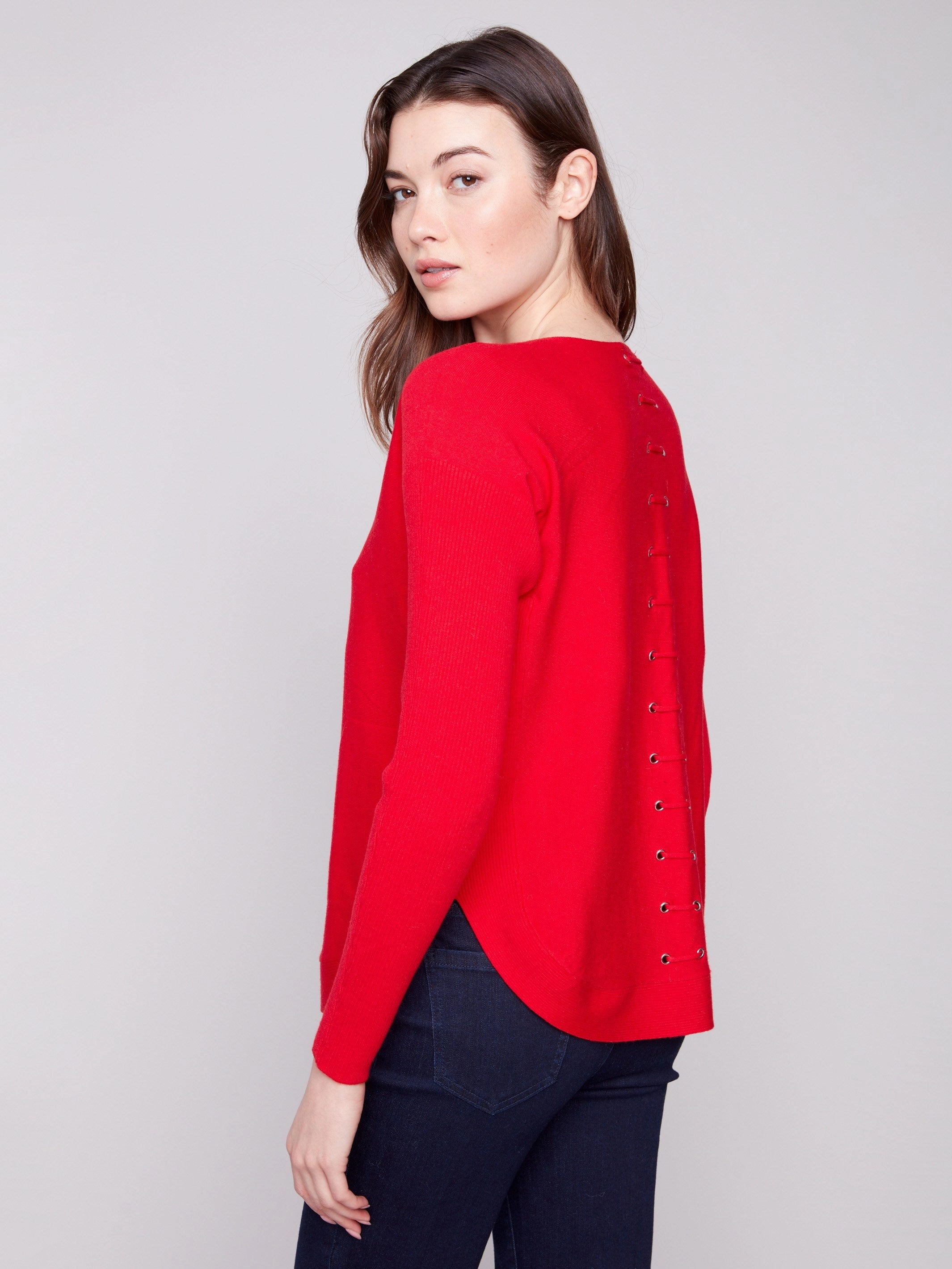 Knit Sweater With Back Lace-Up Detail - Crimson teenagers' Soft color