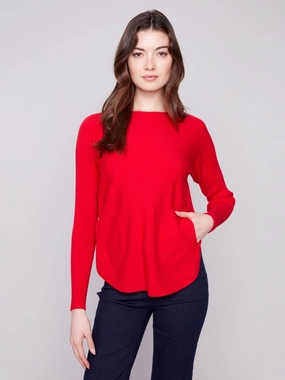 Knit Sweater With Back Lace-Up Detail - Crimson Seamless Side Panels