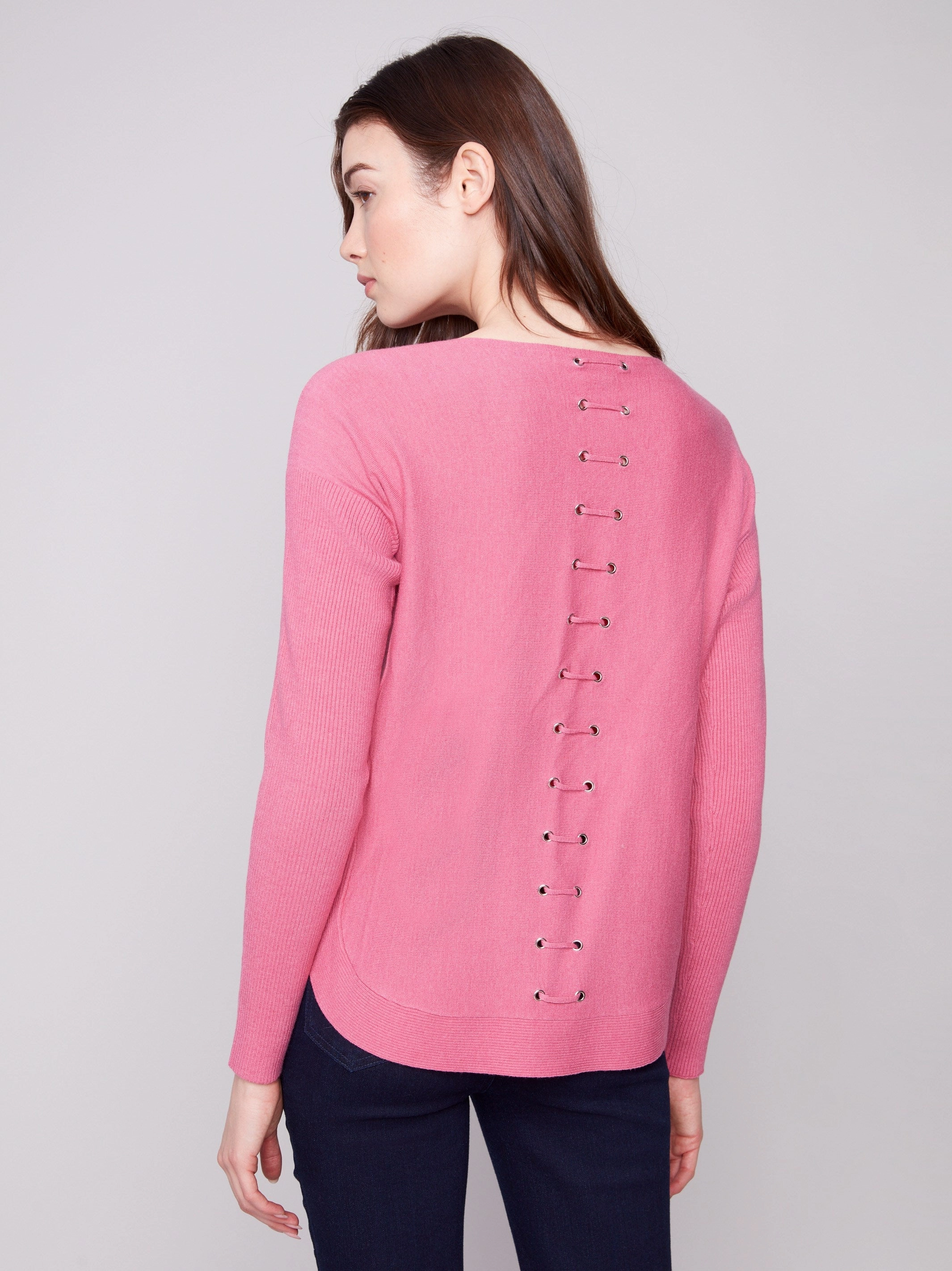 Knit Sweater With Back Lace-Up Detail - Heather Rose Soft Texture