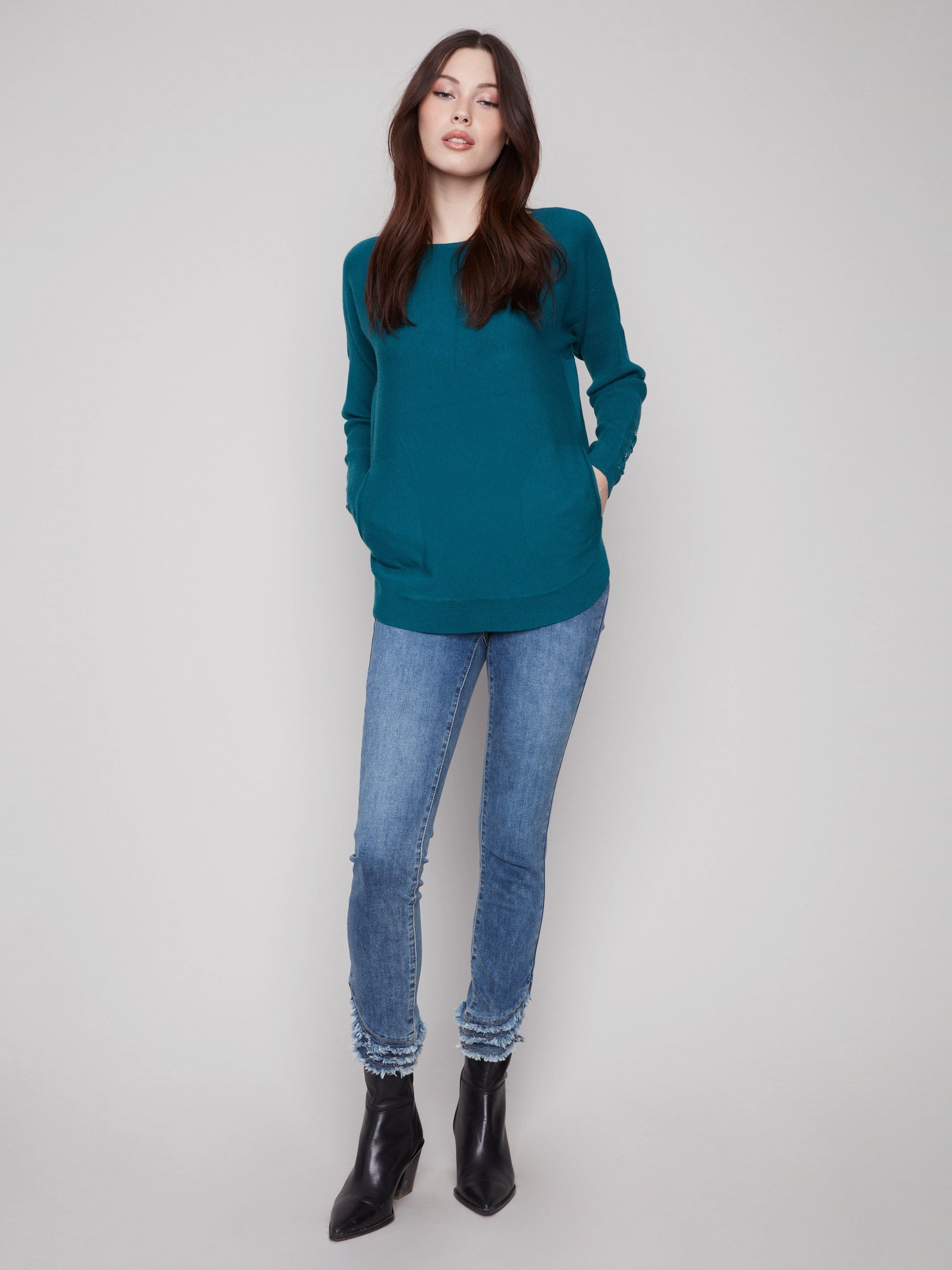 Non Restrictive Tailoring Specialty Item Knit Sweater With Lace-Up Cuffs - Evergreen