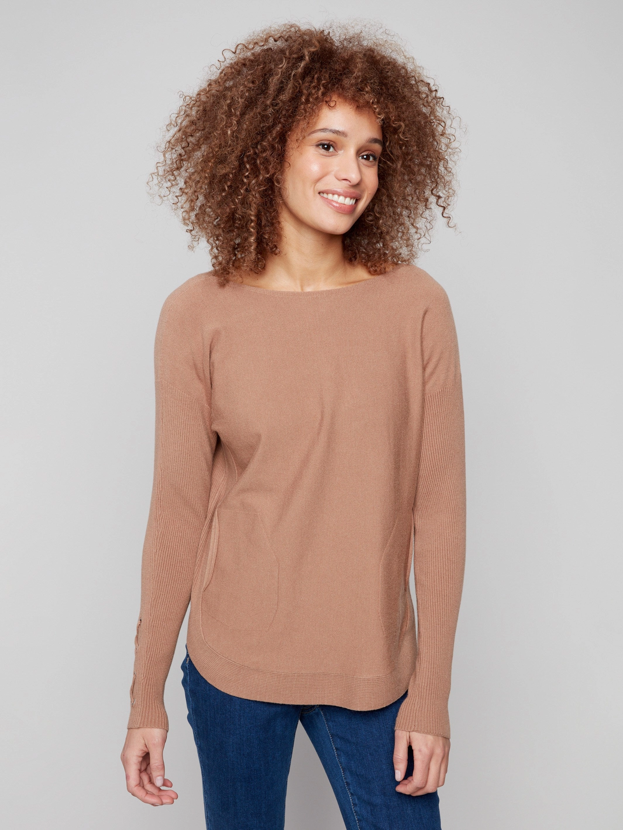 Vase Water Resistant Knit Sweater With Lace-Up Cuffs - Truffle