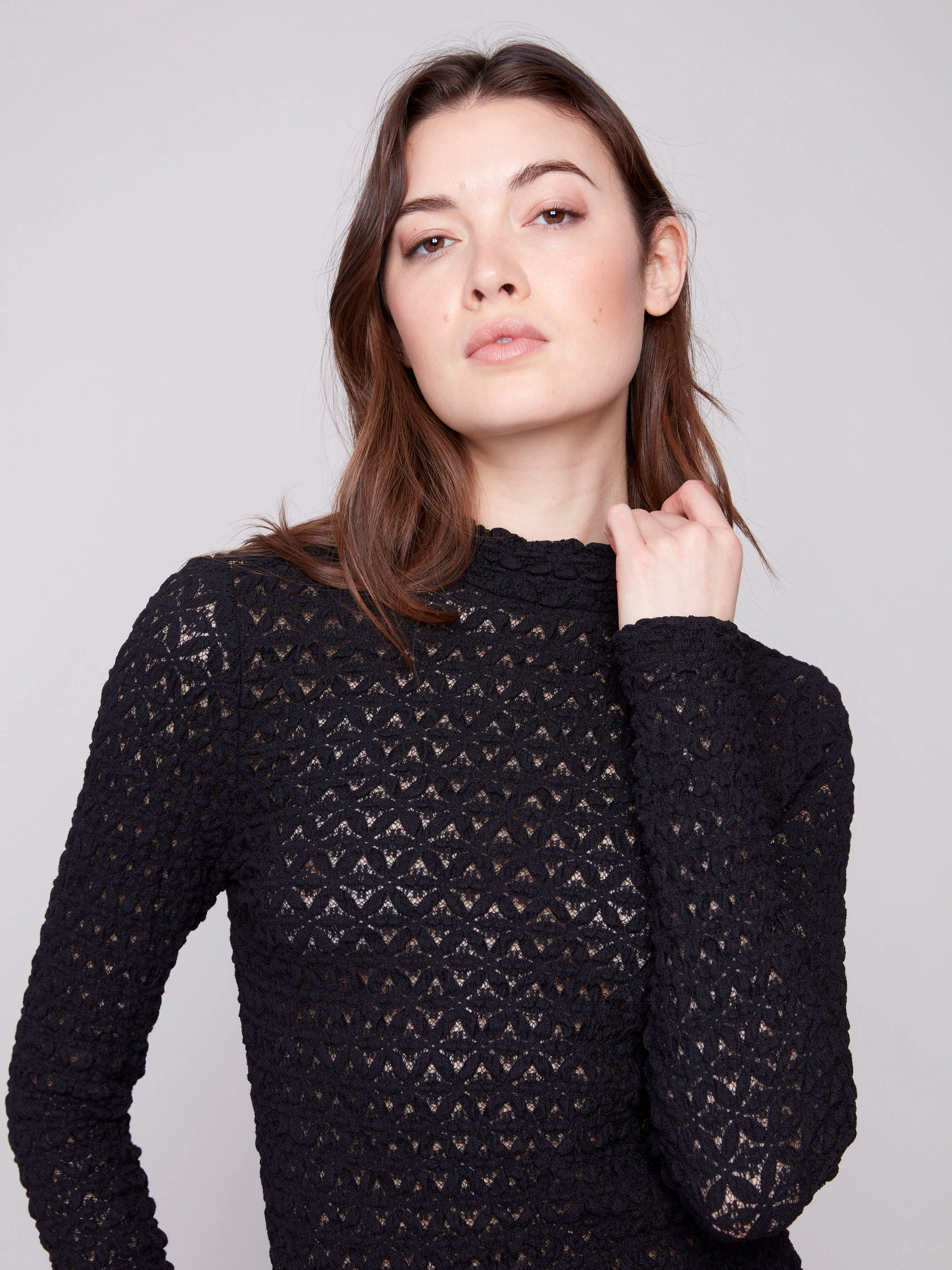 Minimalist Styling SublimatedPrint Lace Mock Neck Top - Black