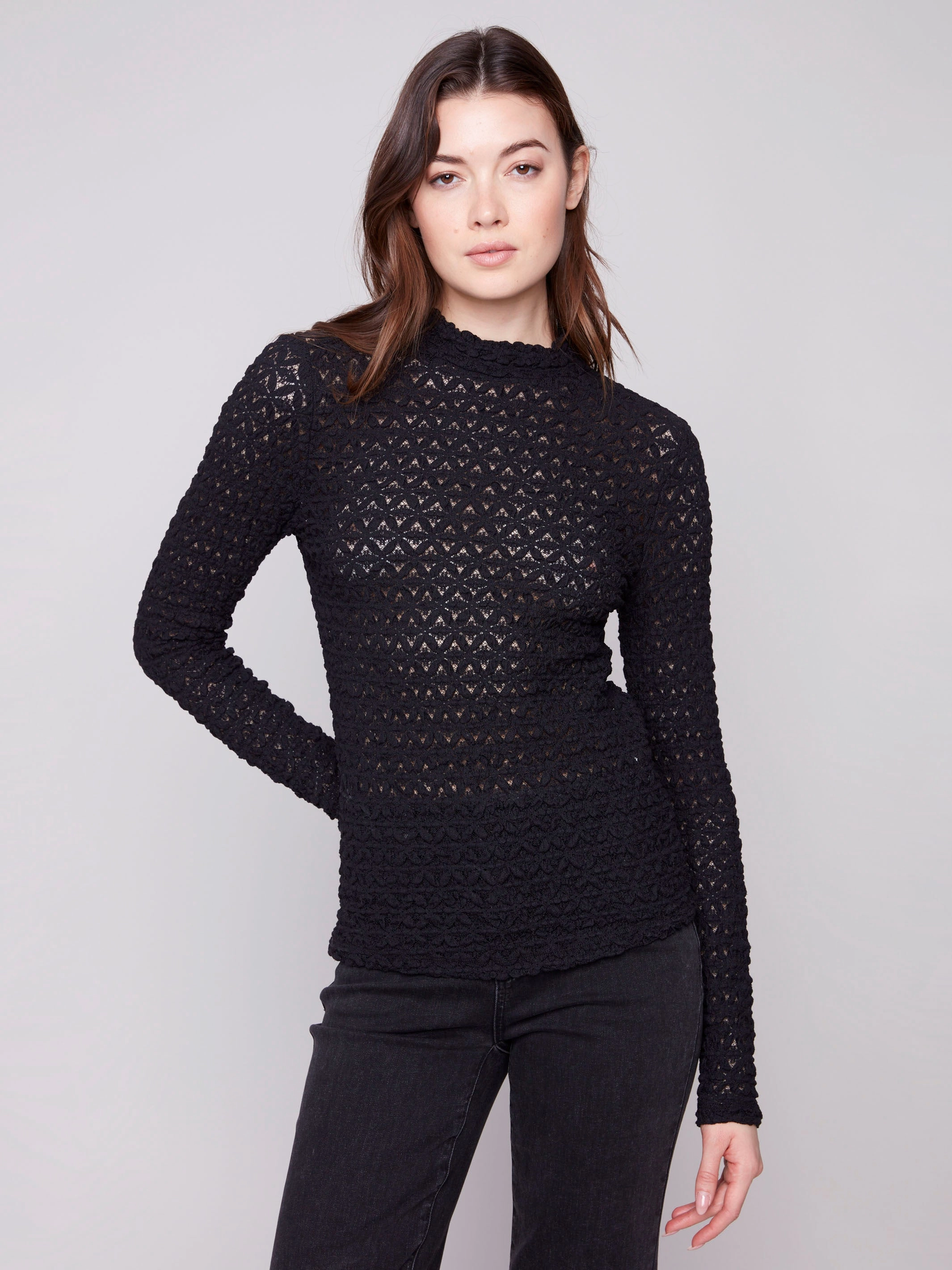 hiker Lace Mock Neck Top - Black