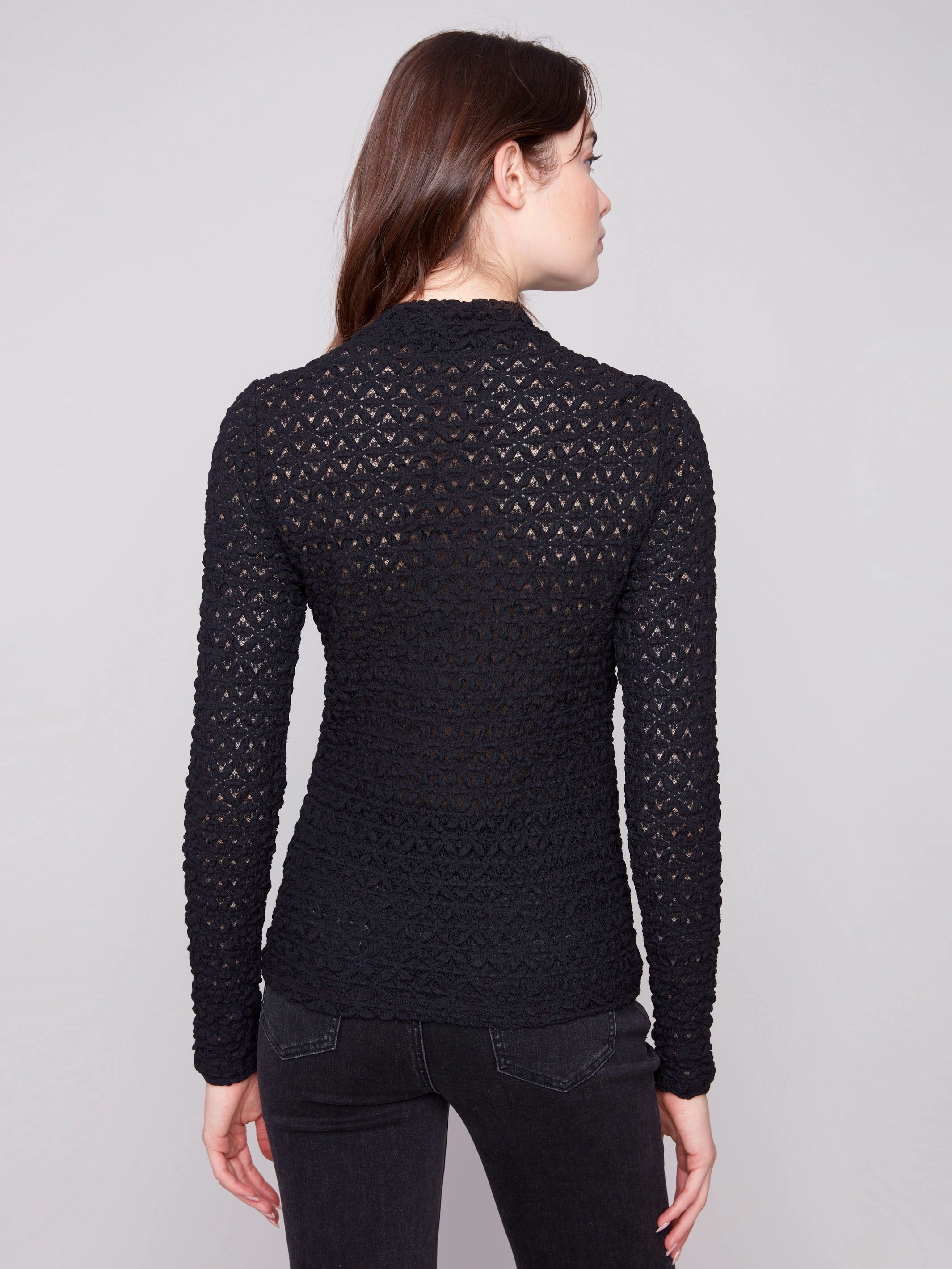 Yarn Dyed Fabric Lace Mock Neck Top - Black