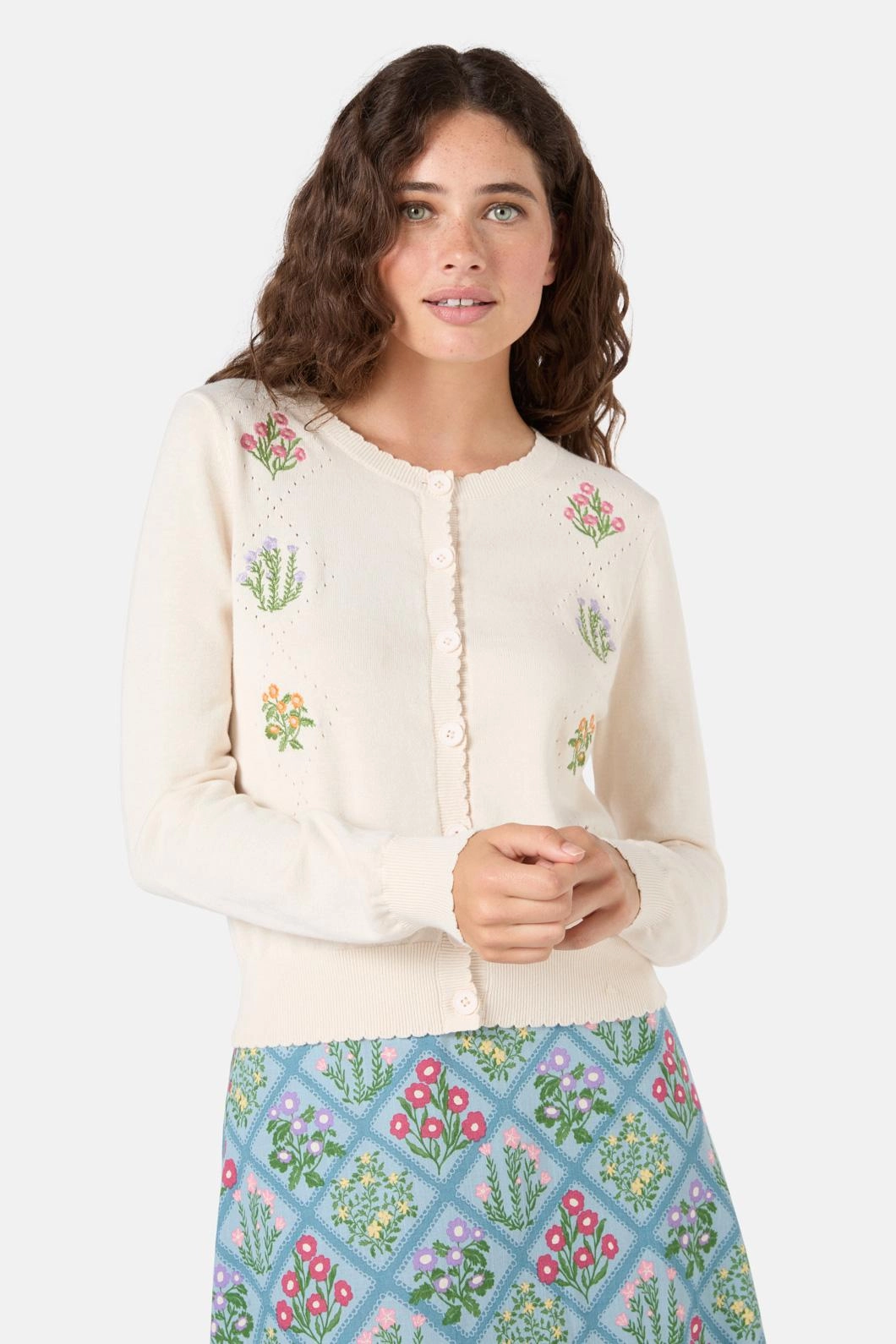 Lattice Embroidered Cardigan Everyday Layers Four Way Stretch Fabric