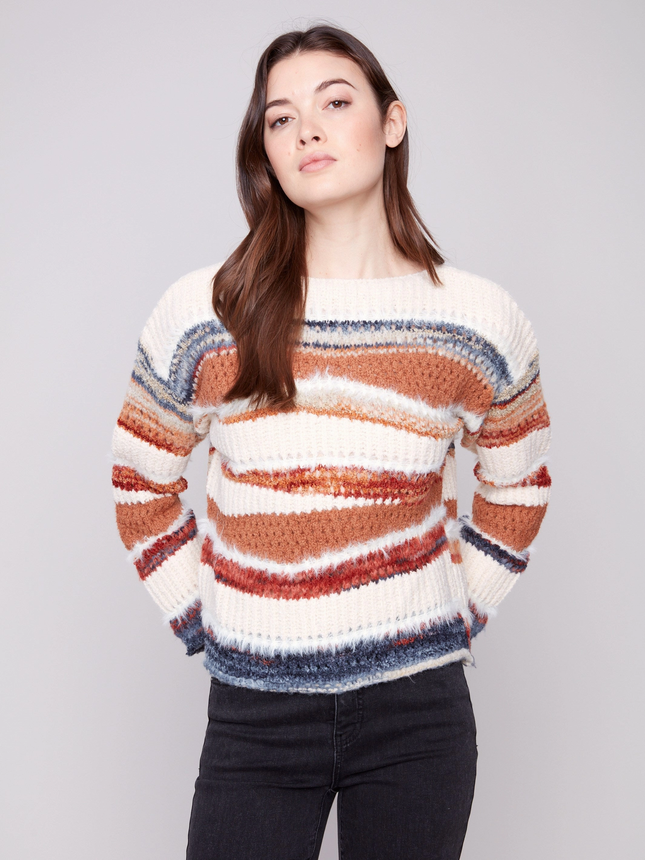 Patchwork Knit Drop Shoulder Sweater - Sepia Pockets available Quilting