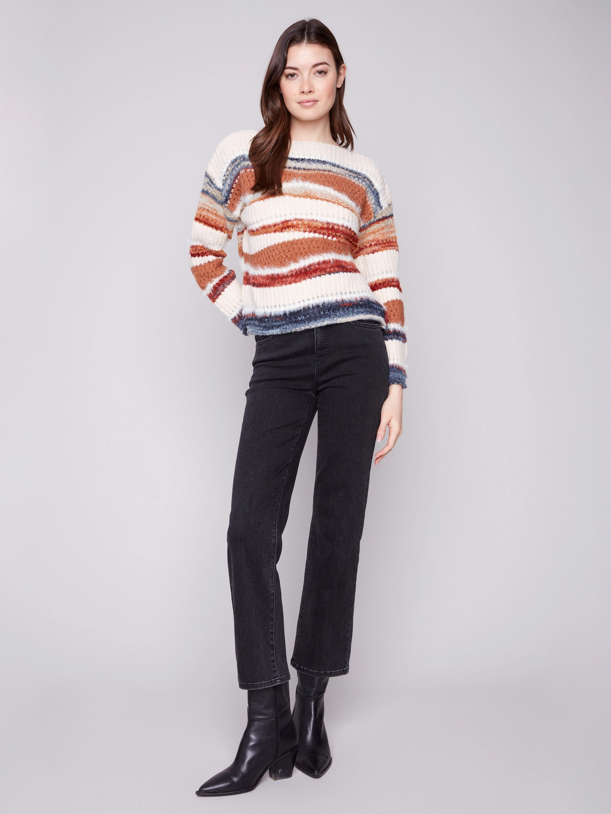 Chic Nature related Patchwork Knit Drop Shoulder Sweater - Sepia