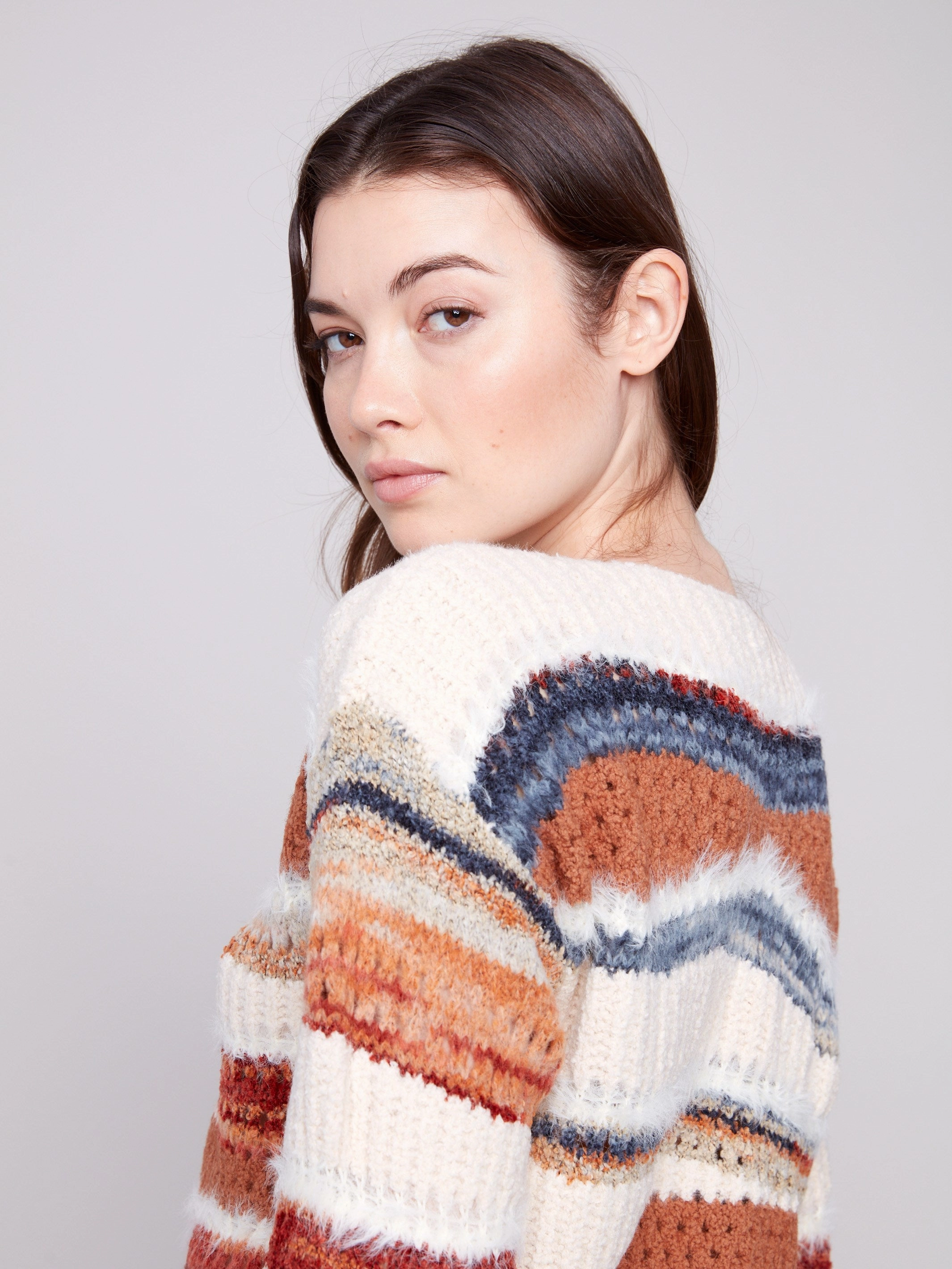 Patchwork Knit Drop Shoulder Sweater - Sepia Pre Shrunk Cotton Blend