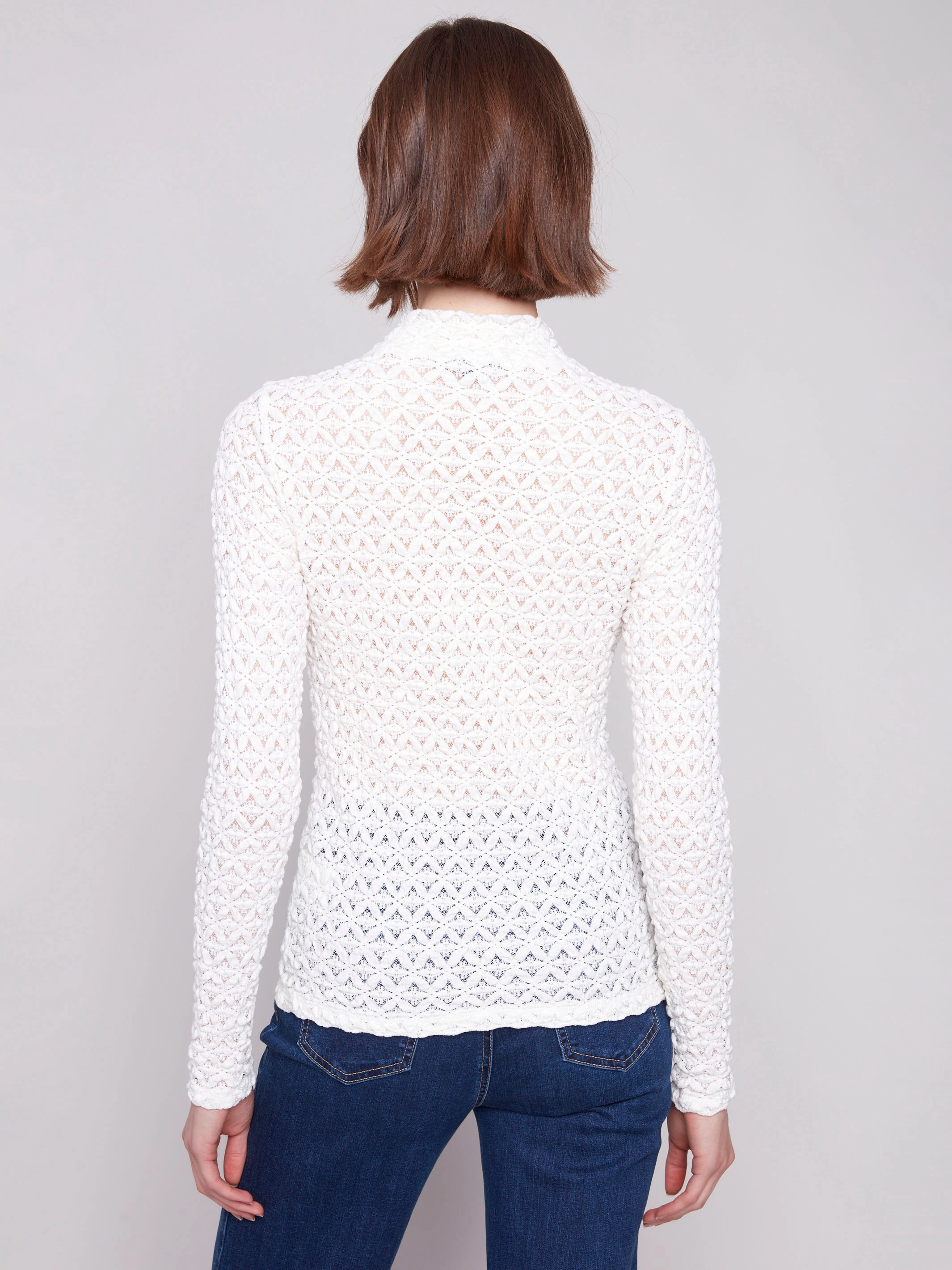 Lace Mock Neck Top - Ecru Double Needle Hemming
