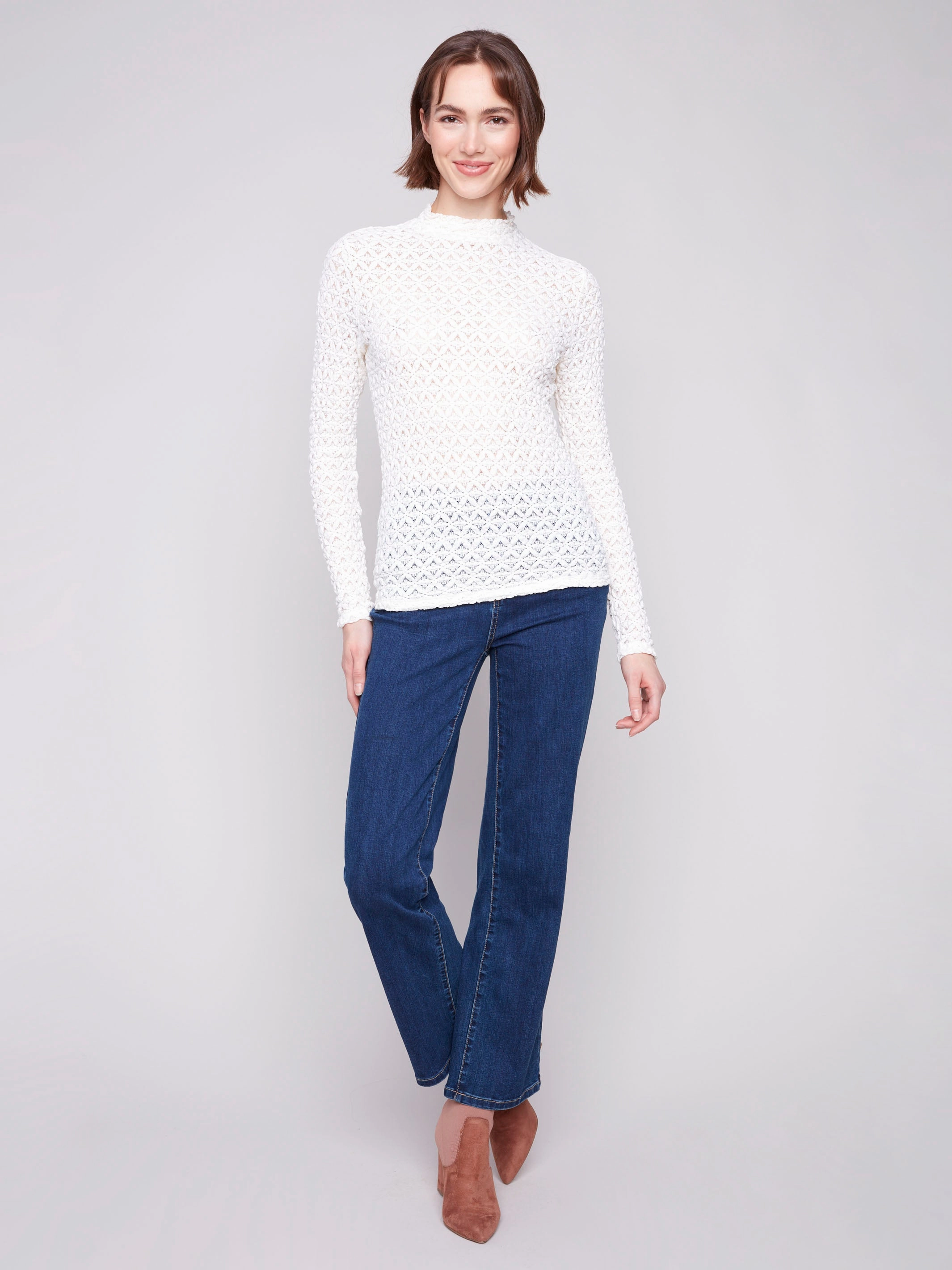 BreathableBackVents Textured Weave Pattern Lace Mock Neck Top - Ecru