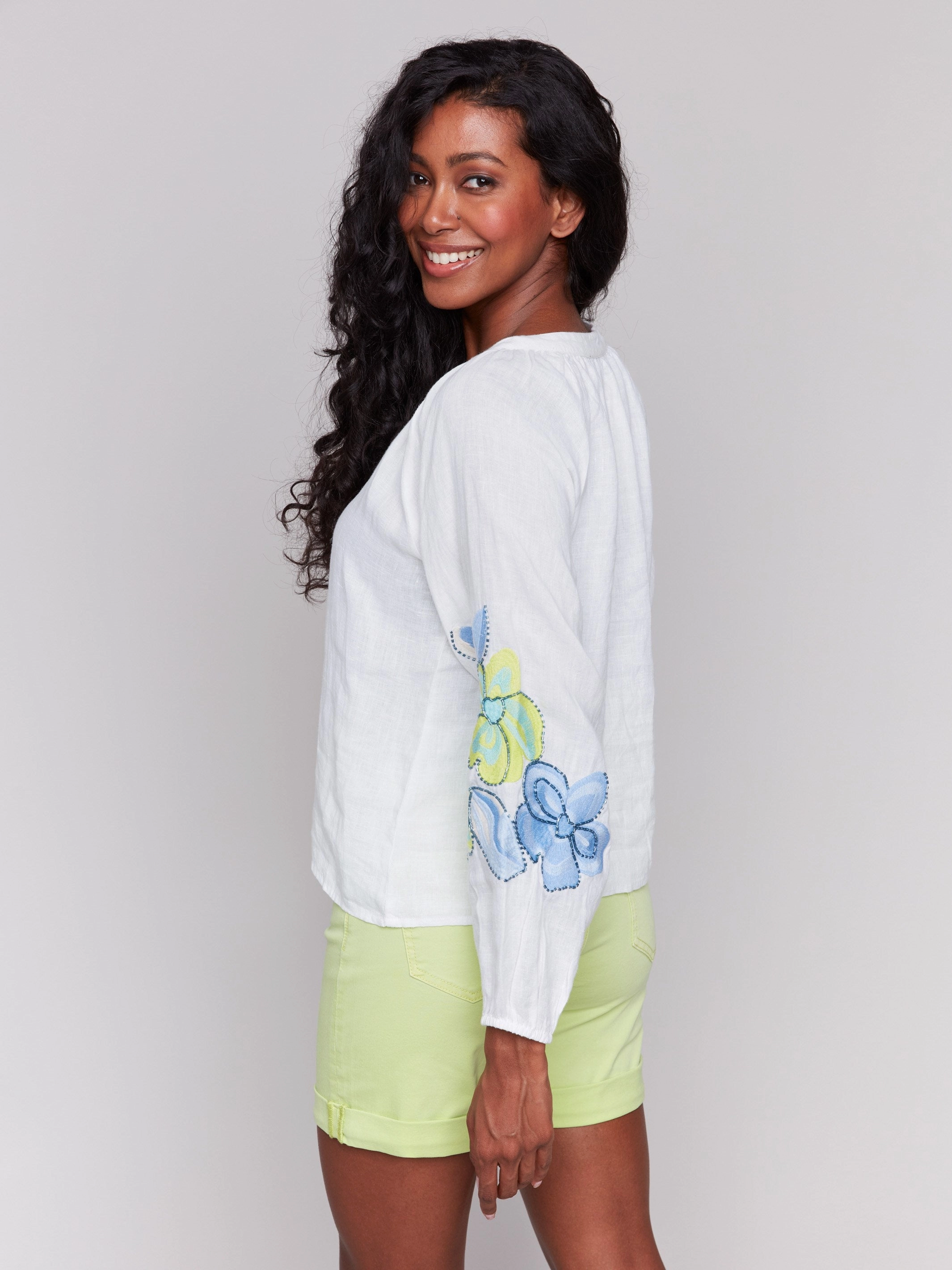 Linen Blend Button-Front Embroidered Blouse - Anise Tailored Style