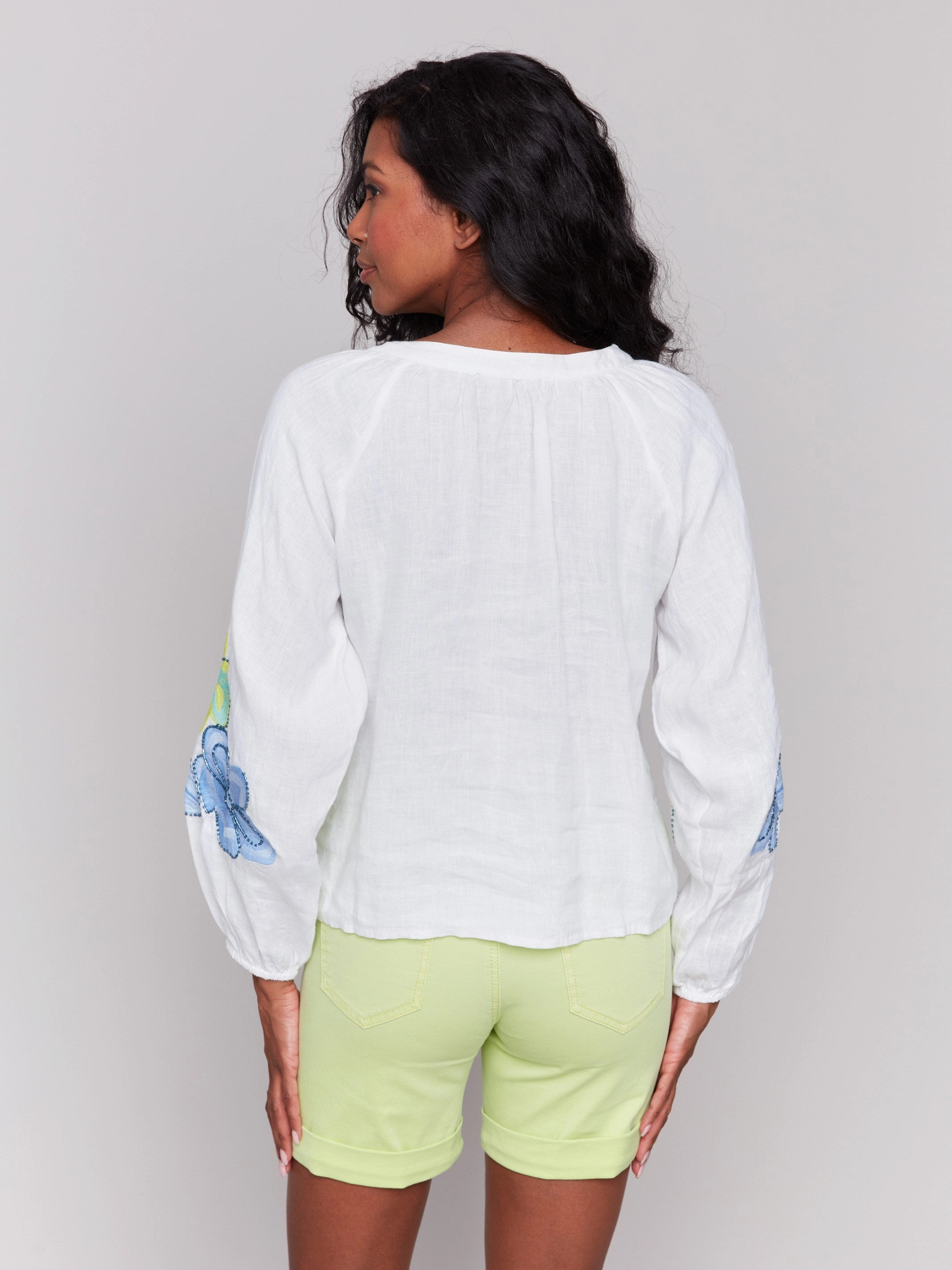 Versatile Layering Piece Anti Cling Fabric Linen Blend Button-Front Embroidered Blouse - Anise