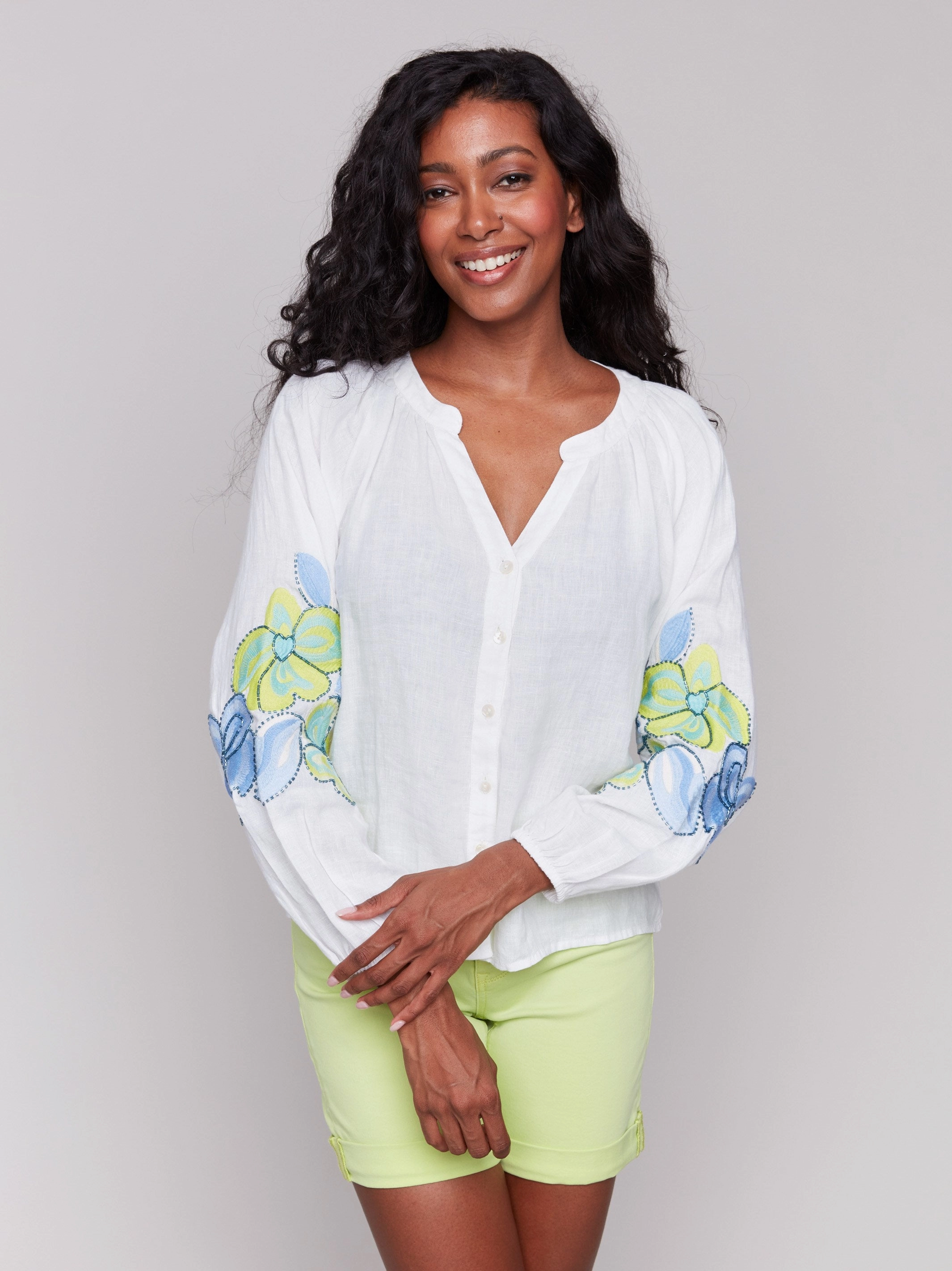 Outdoor Adventure Linen Blend Button-Front Embroidered Blouse - Anise
