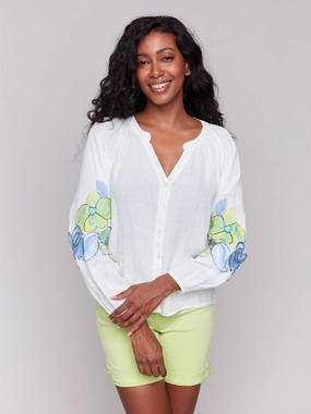 Outdoor Adventure Linen Blend Button-Front Embroidered Blouse - Anise