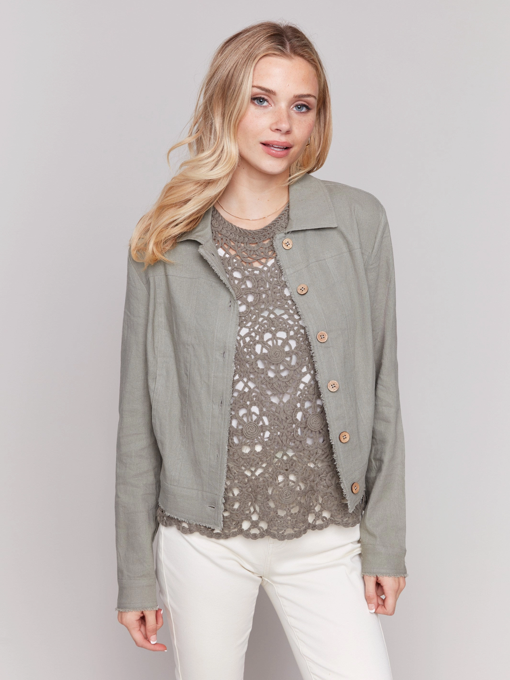 Multi Pocket System Layered Look Linen Blend Jacket - Celadon