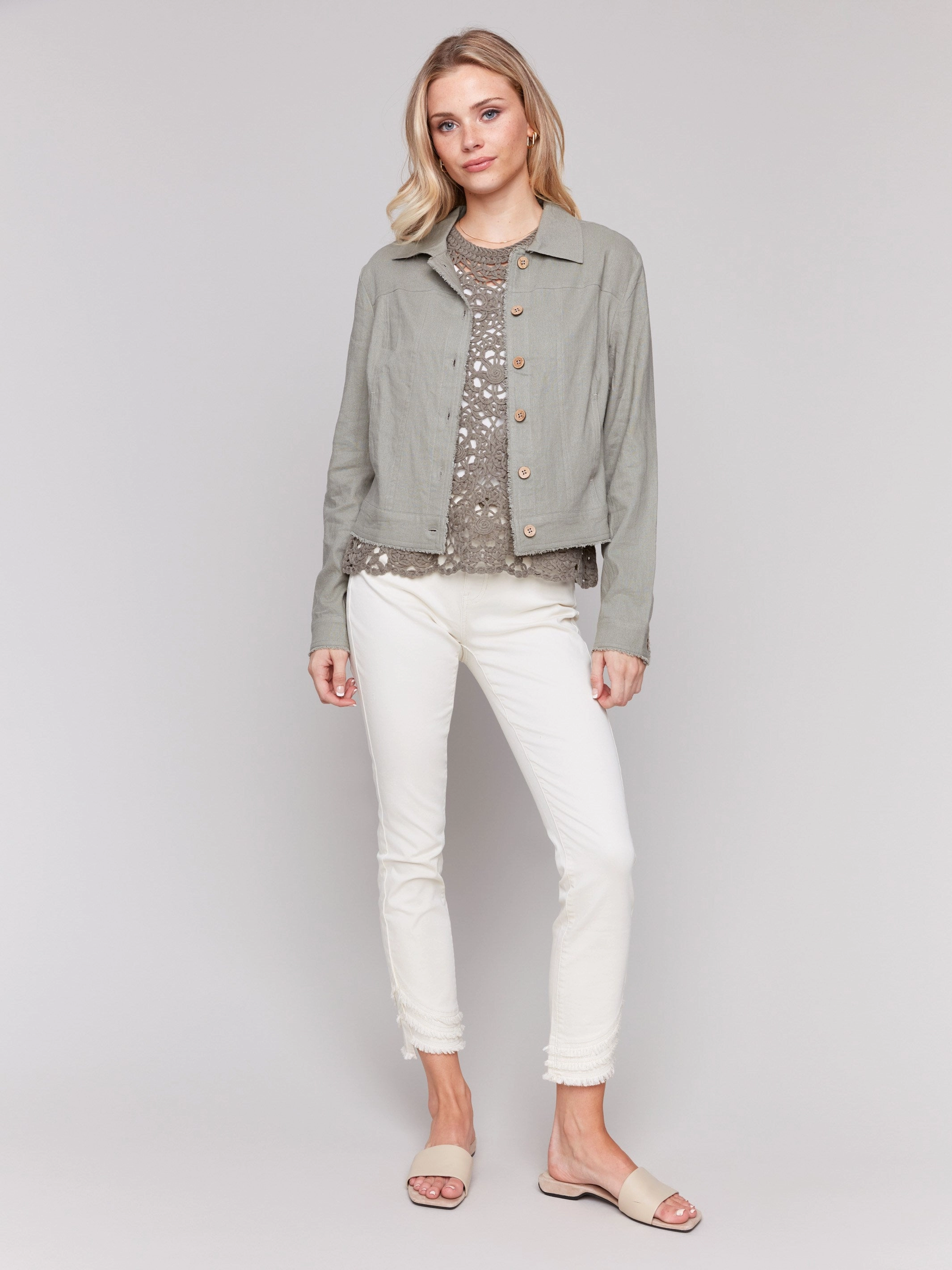 FadeResistant Print Functional Pocket Linen Blend Jacket - Celadon