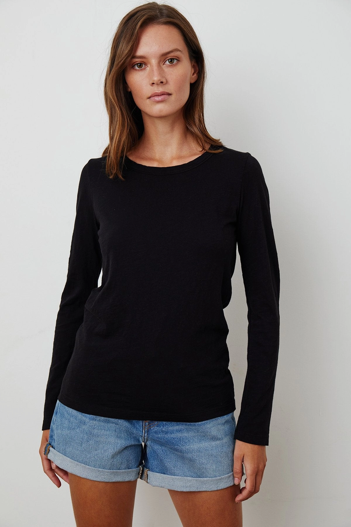 LIZ CITY SLUB CREW NECK LONG SLEEVE TEE SweatWickingLining Layered Paneling