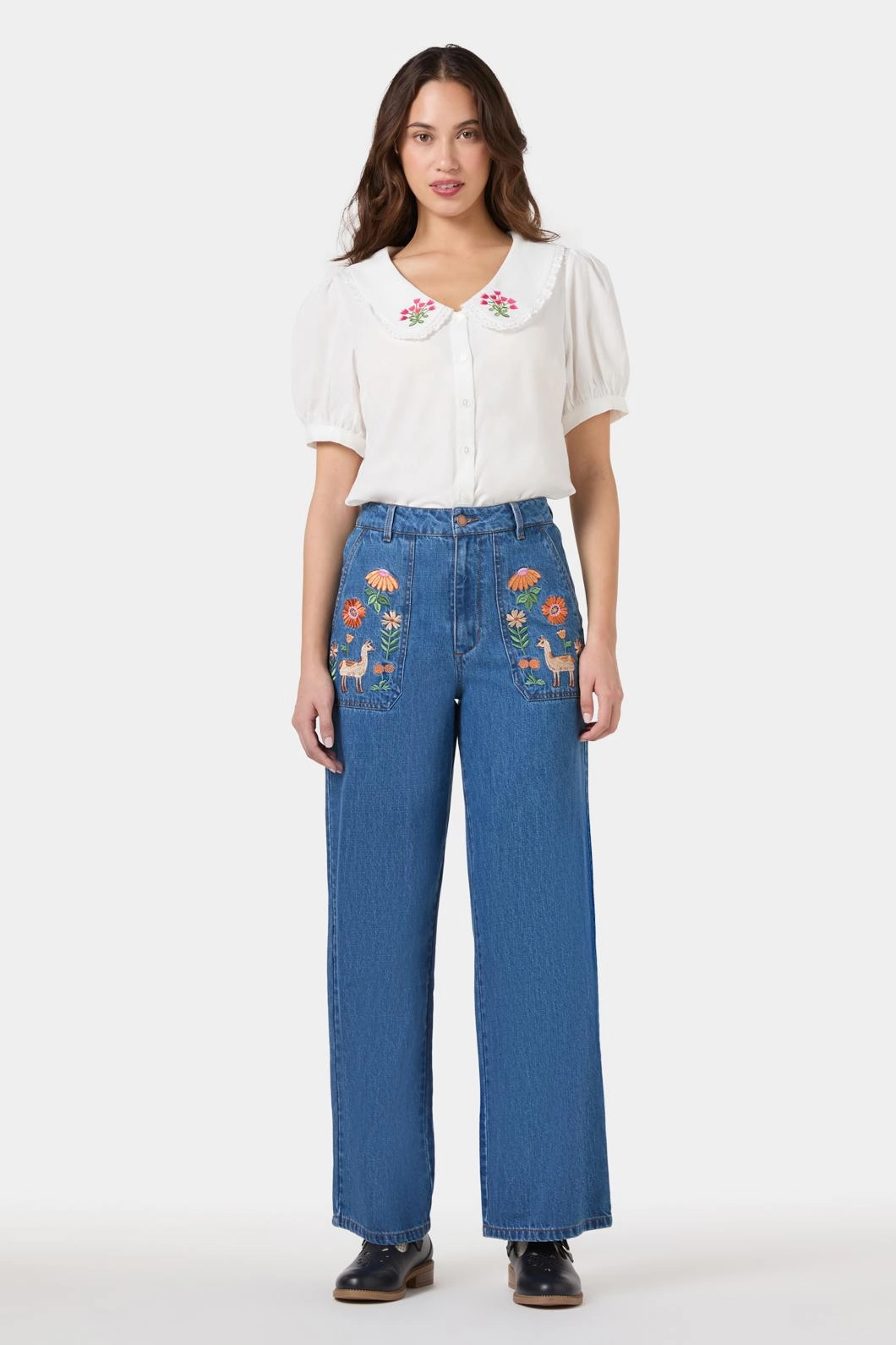 Llama Embroidered Denim Jean Modern Couple Look