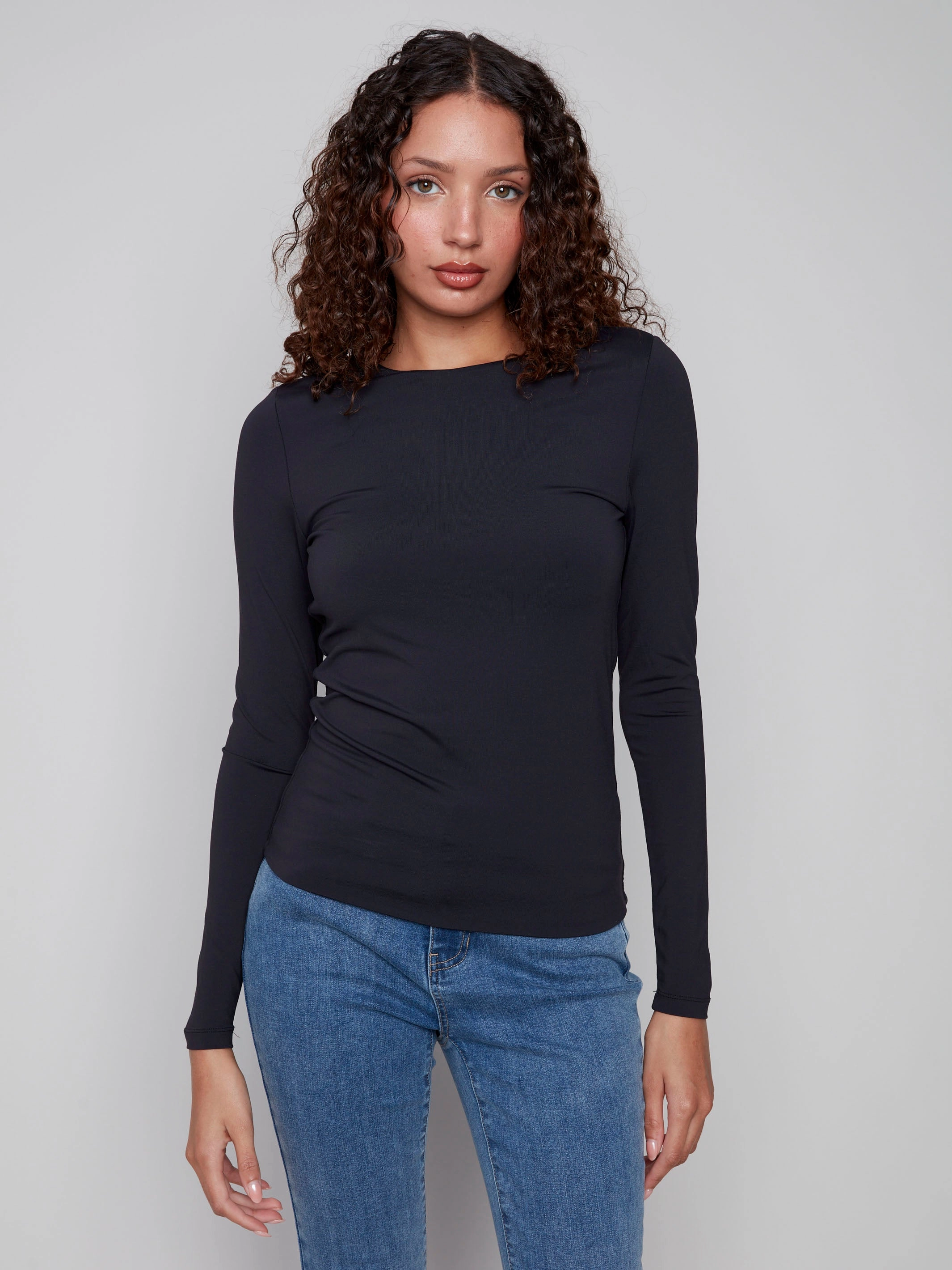 Long Sleeve Super Stretch Top - Black game Satin