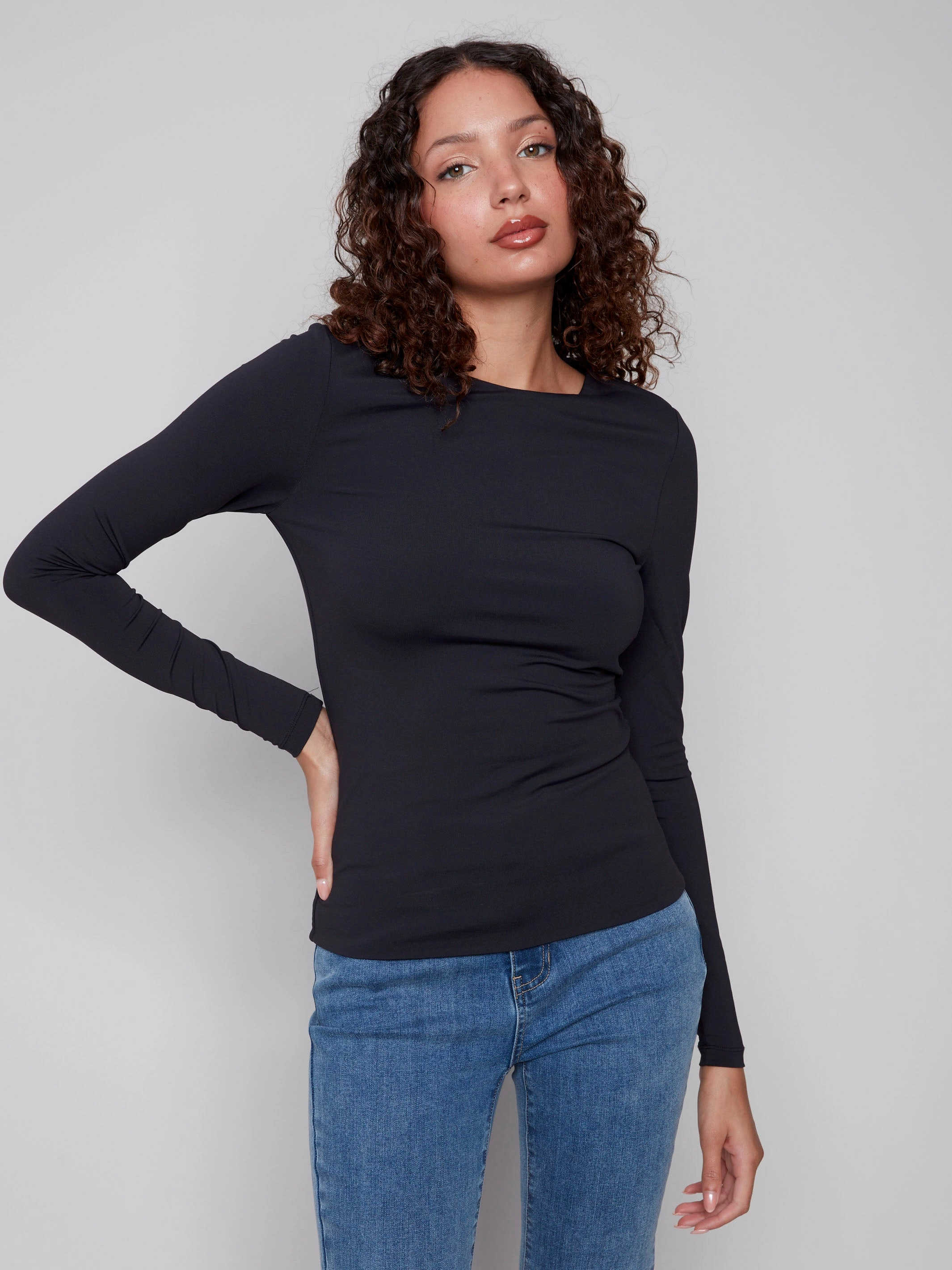 Long Sleeve Super Stretch Top - Black Silicone Print Detail Ergonomic Shoulder Cut