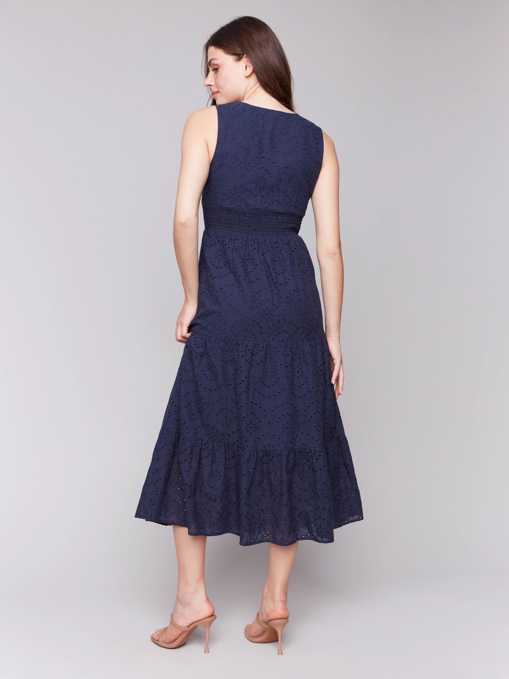 Wedding Style TearResistantFabric Long Sleeveless Cotton Eyelet Dress - Navy