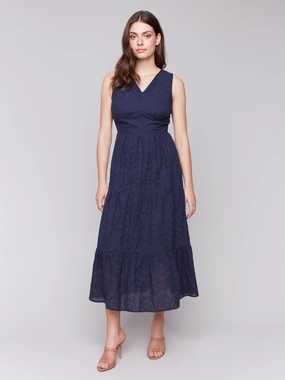 Long Sleeveless Cotton Eyelet Dress - Navy Bright Colors