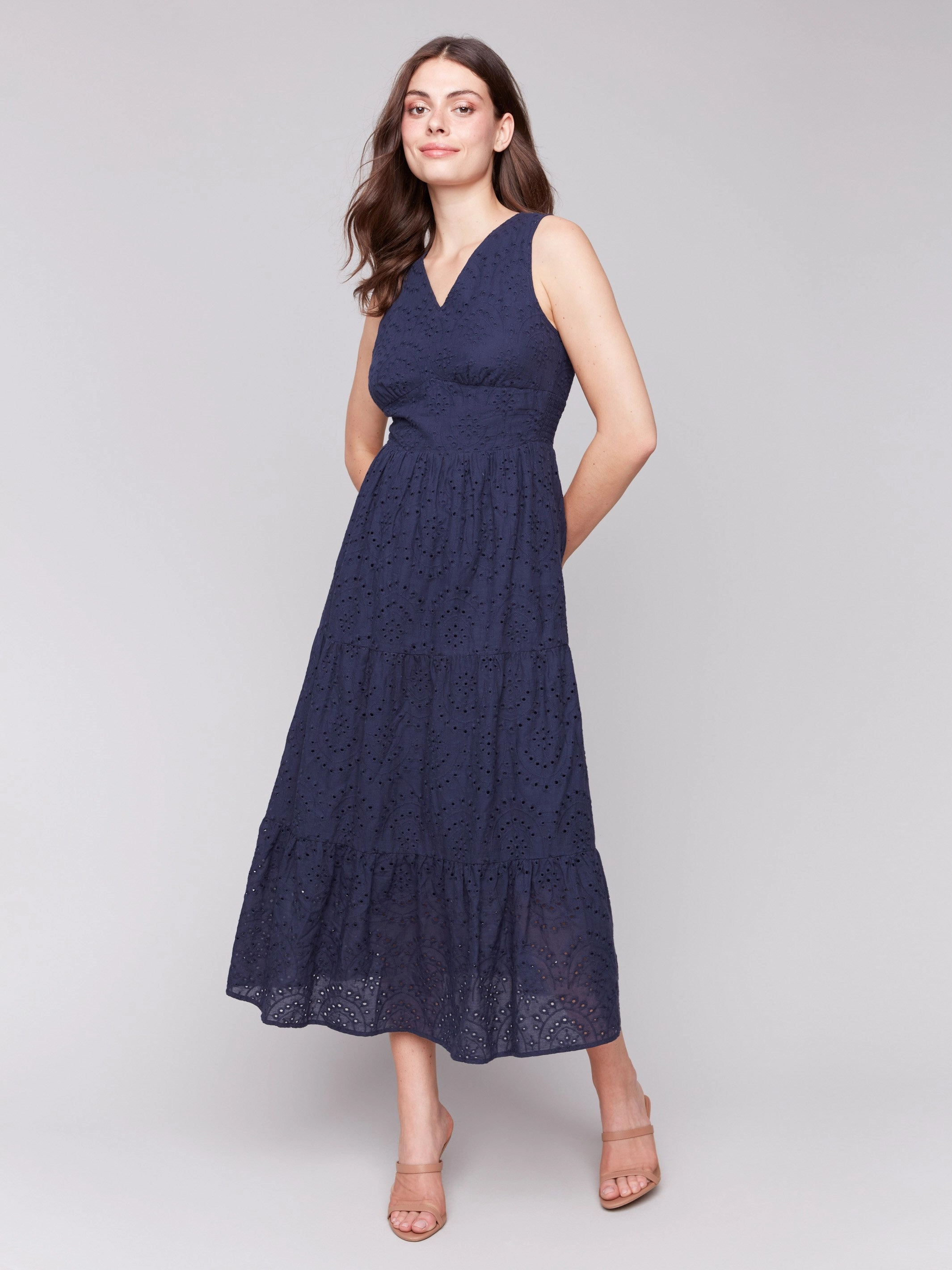 Perfect Fit Profile Enhancer Long Sleeveless Cotton Eyelet Dress - Navy