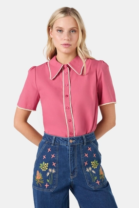 Lou Short Sleeve Retro Blouse Tailored Seams Multipanel Construction