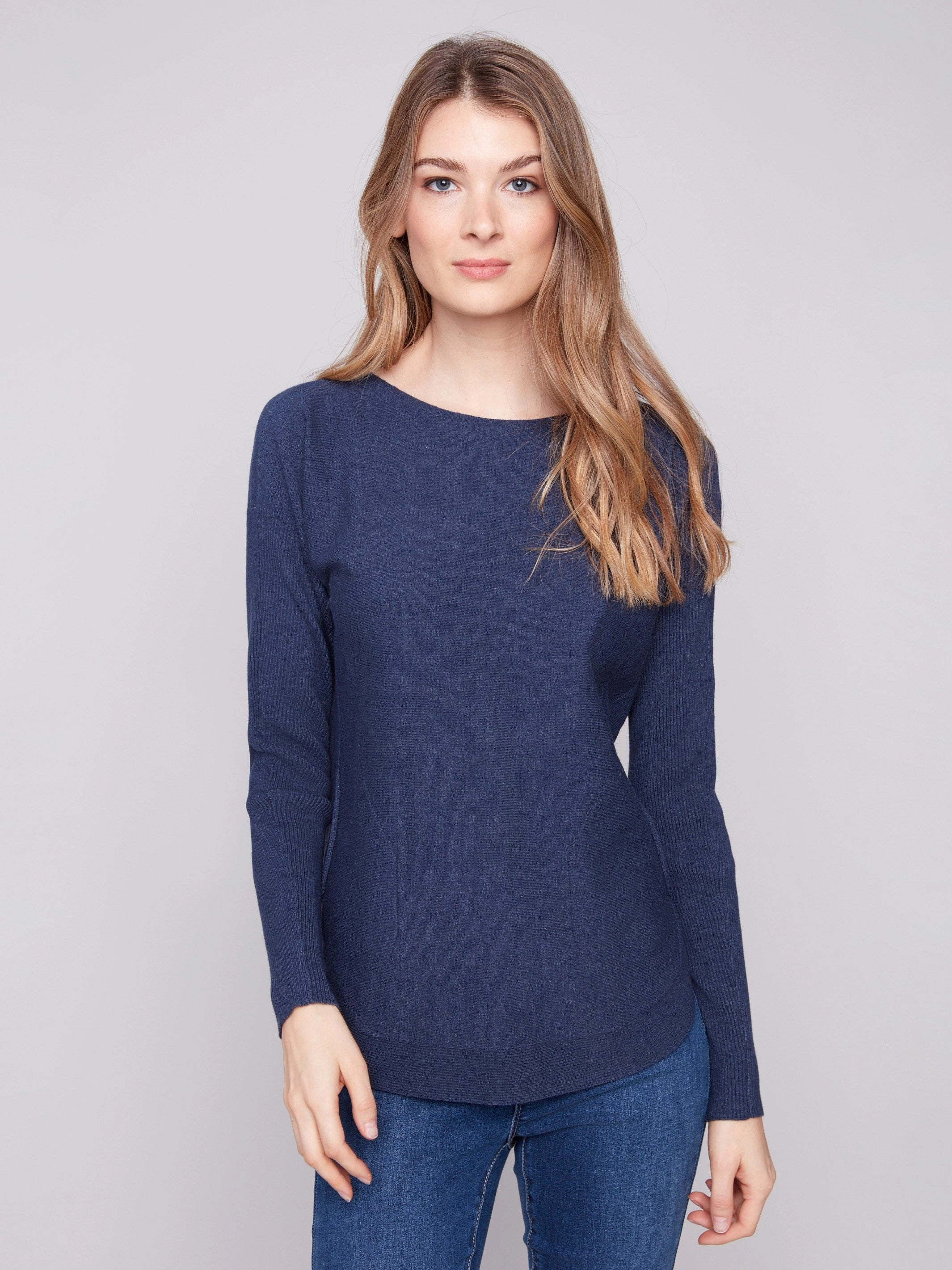 Knit Sweater With Back Lace-Up Detail - Heather Denim Cuffed