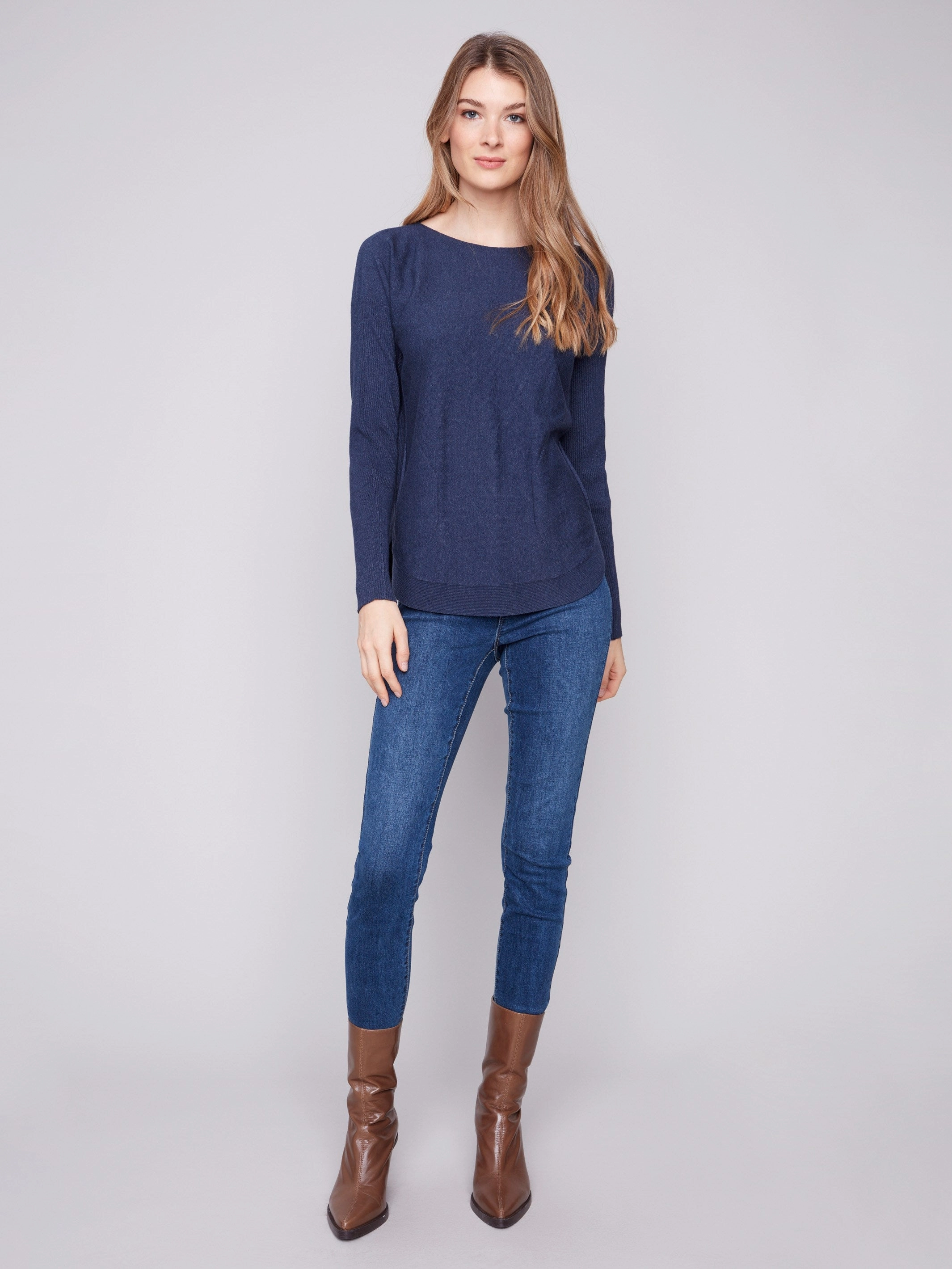 Knit Sweater With Back Lace-Up Detail - Heather Denim Spring Wear Regular Fit