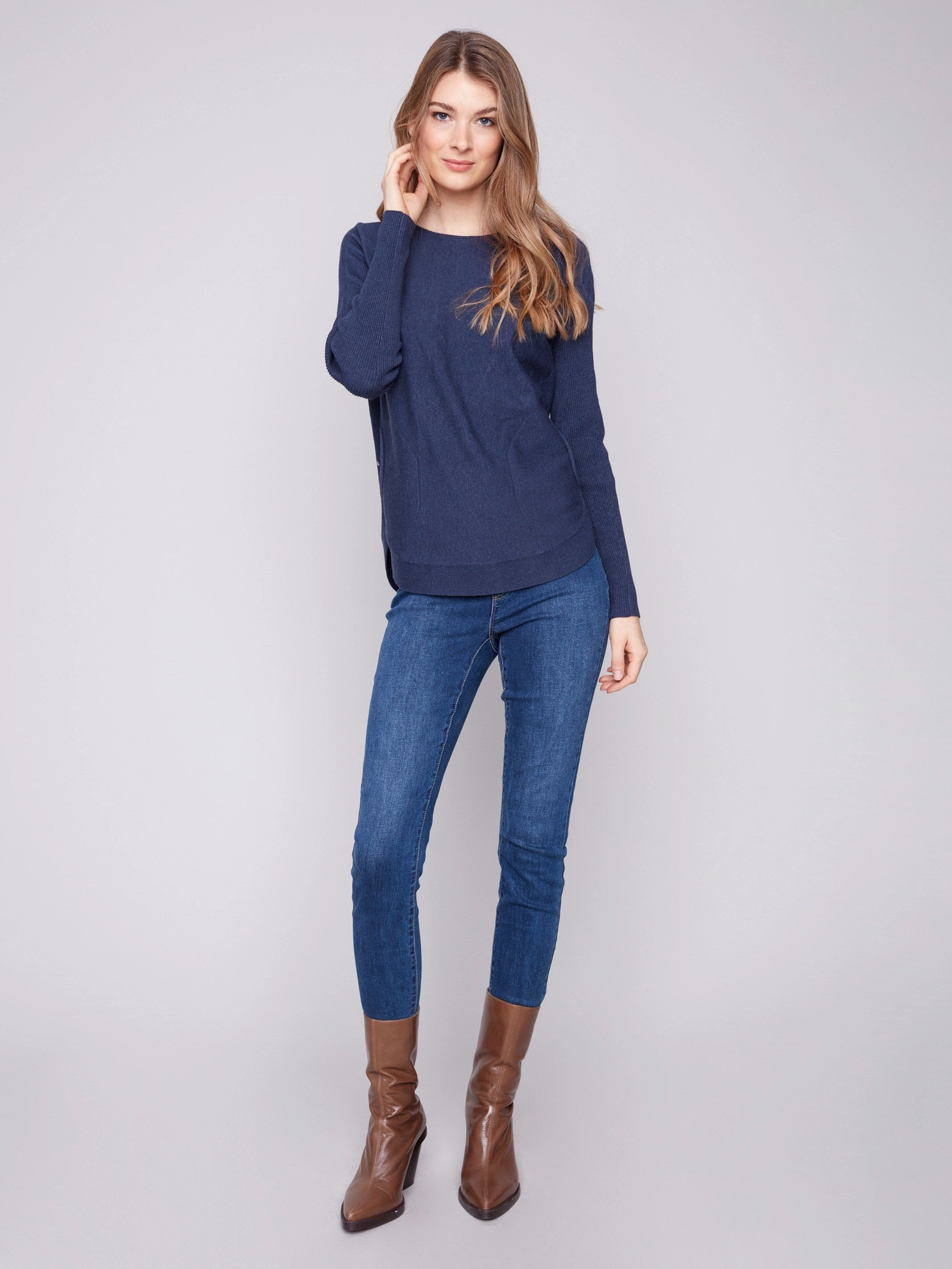 Knit Sweater With Back Lace-Up Detail - Heather Denim Suede