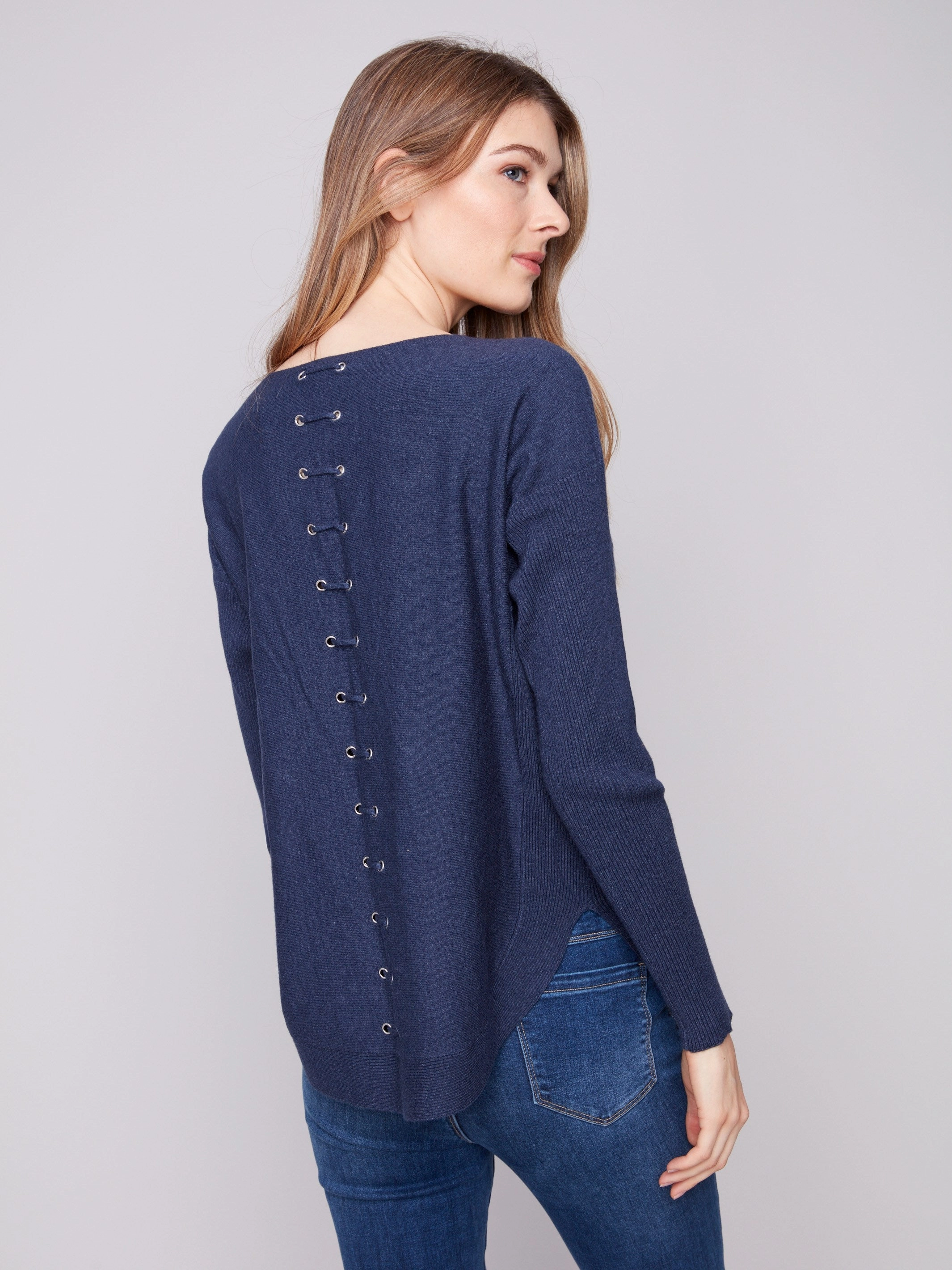Forest camp Easy Care Knit Fabric Knit Sweater With Back Lace-Up Detail - Heather Denim