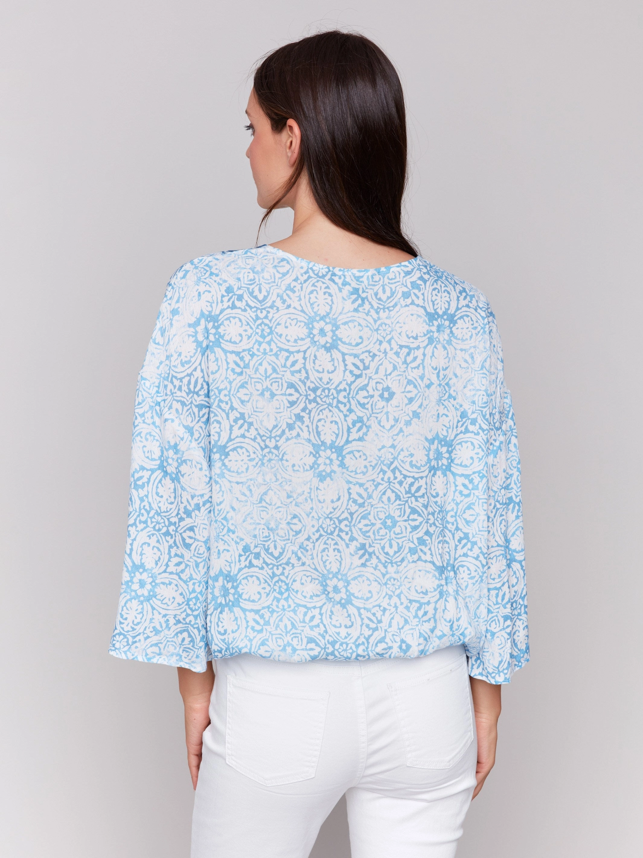 High Neck Wrinkle Free Care Printed Overlap Blouse - Denim