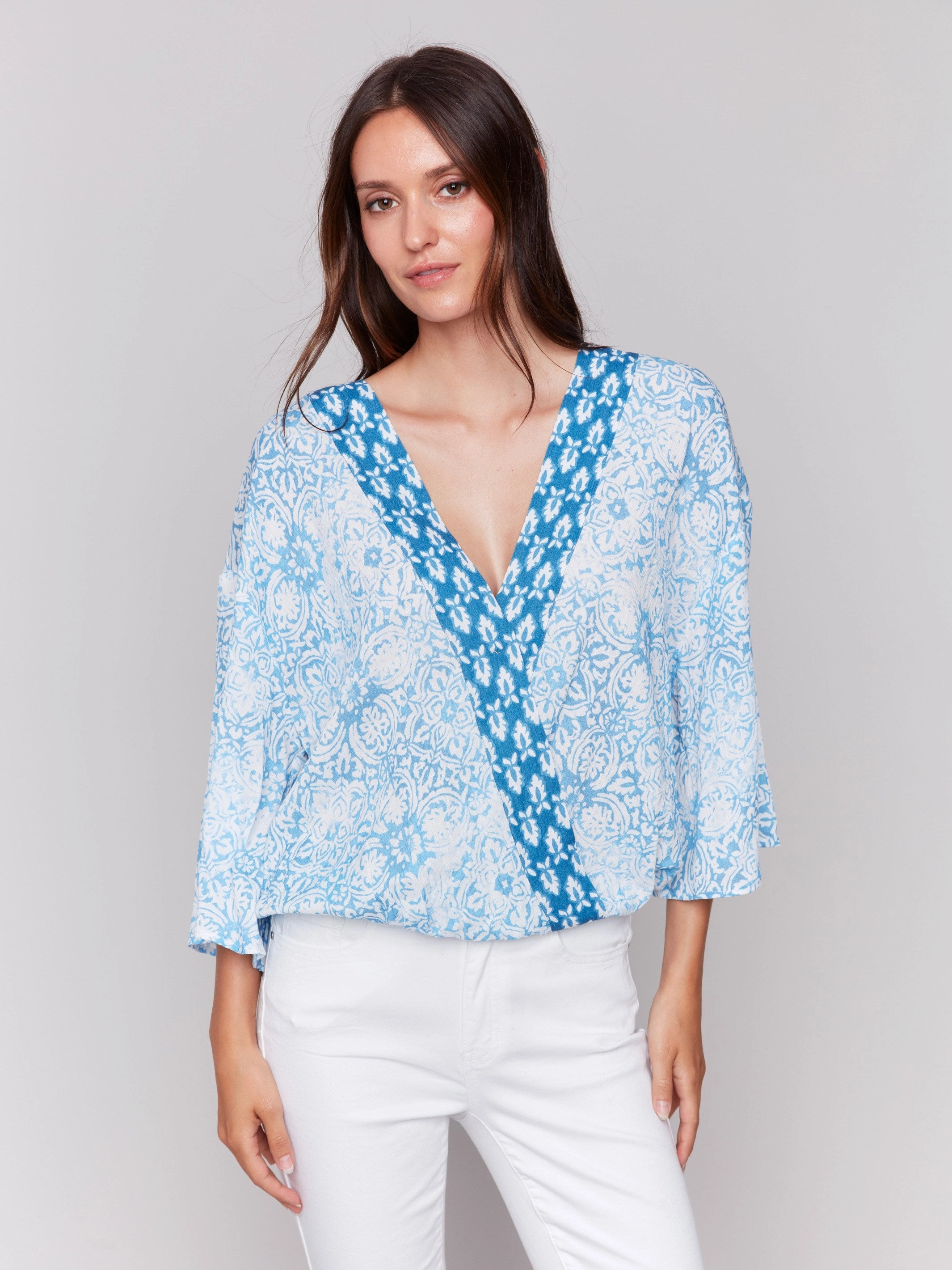 Premium Feel Printed Overlap Blouse - Denim