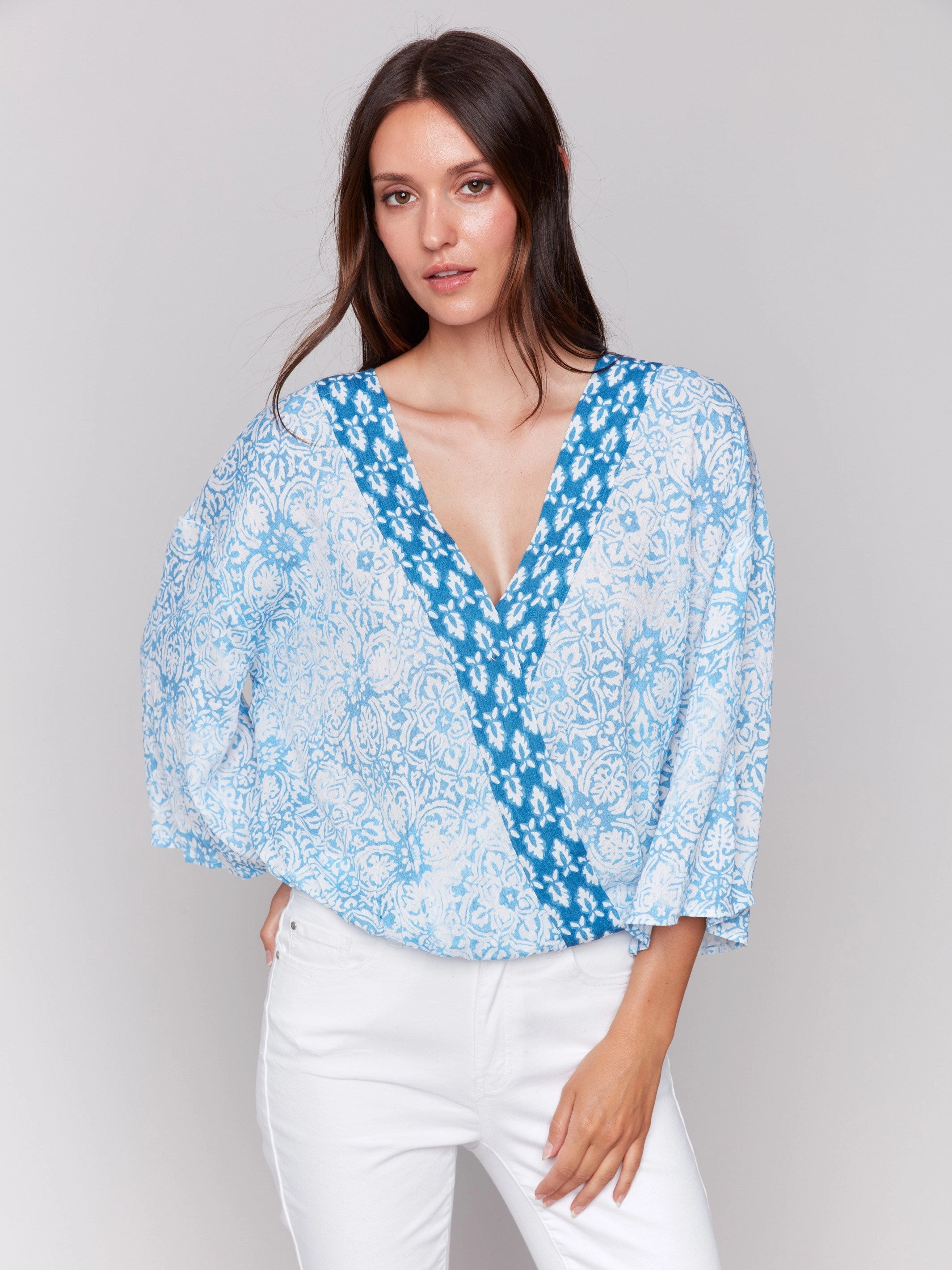 Printed Overlap Blouse - Denim Moisture Wicking Material